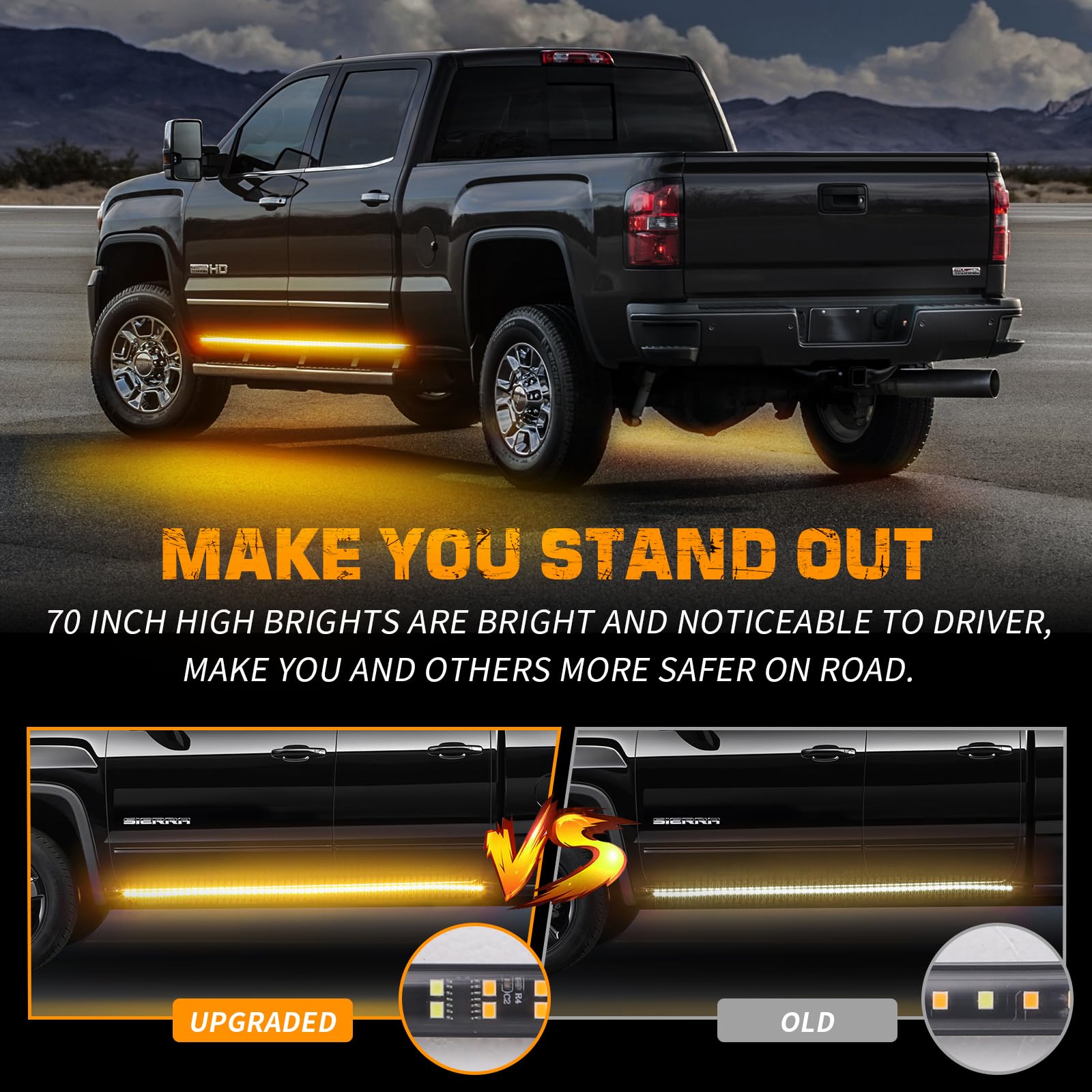 Xridonsen 2Pcs 70 Inch Emergency Truck Amber Strobe Lights Strip 864 Led Running Board Lights Bar Flashing Warning Hazard Safety