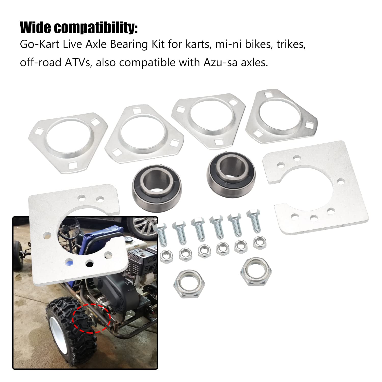 Go-Kart Live Axle Bearing Kit (1 inch) Compatible with Azusa axles, Also for Go Karts Mi-ni Bikes/Trikes/Off Road ATV - Axle wit