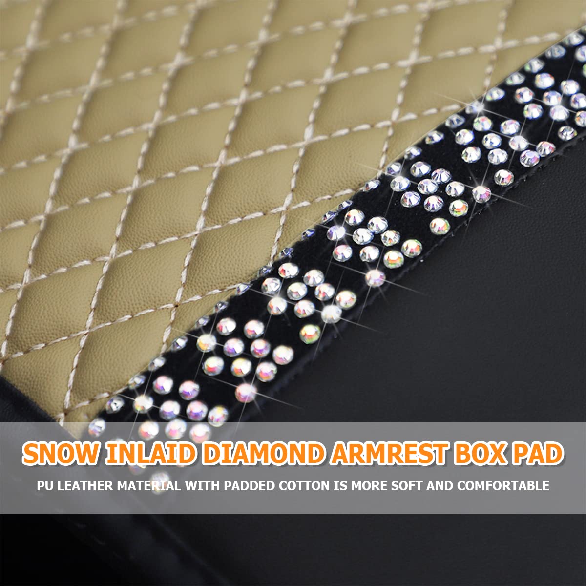 Bling Leather Car Center Console Cover, Car Center Console Protector With Glossy Crystal Rhinestone, Universal Waterproof Car Armrest Seat Box Cover For Most Car, Vehicles, Suvs, Trucks (Beige)