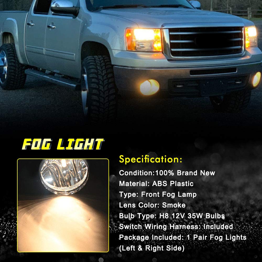 TOPSCOPE Fog Lights Replacemnt for 2007-2013 GMC Sierra 1500 2007-2014 GMC Sierra 2500 3500HD Fog Lamps with Smoke Lens H8 12V 3