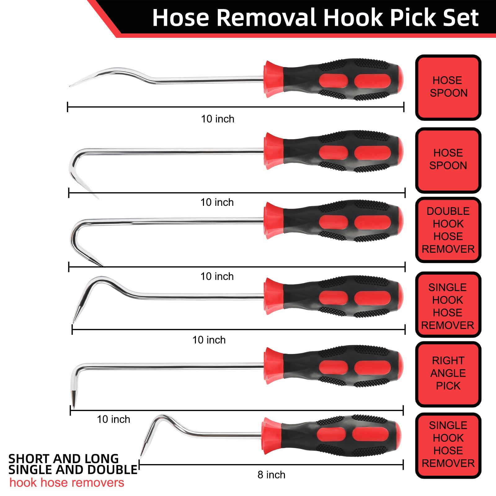 Vastools Hose Removal Hook Pick Set Pack Of 6, 10'' Hose Hook, Spoon, 8'' Remover, Puller Tool For Radiator Hoses