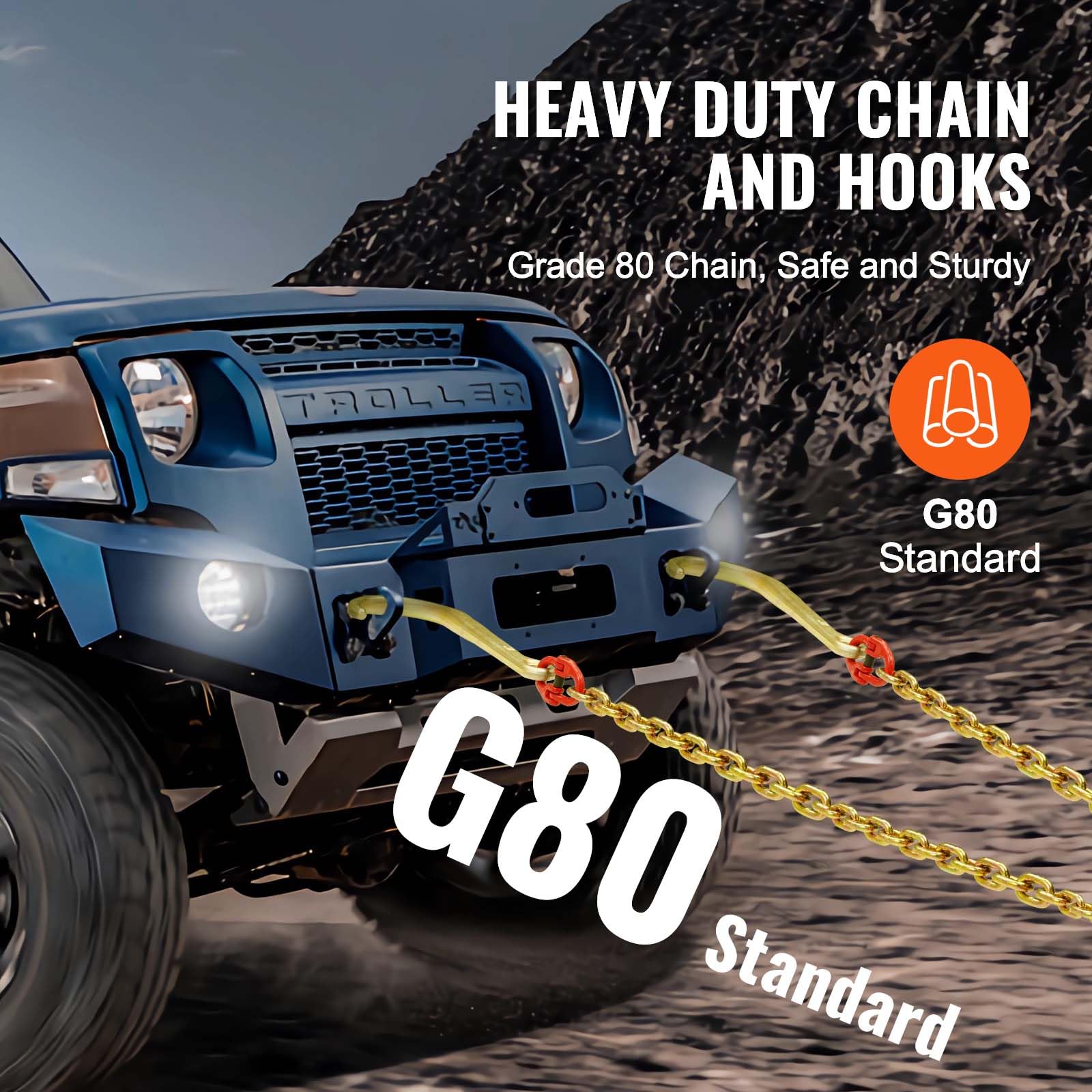 VEVOR G80 V Bridle Chain, 5/16'' x 2' Towing Chain Bridle with 15'' J Hooks and Grab Hooks, Heavy Duty Transport Tow Chain Bridl