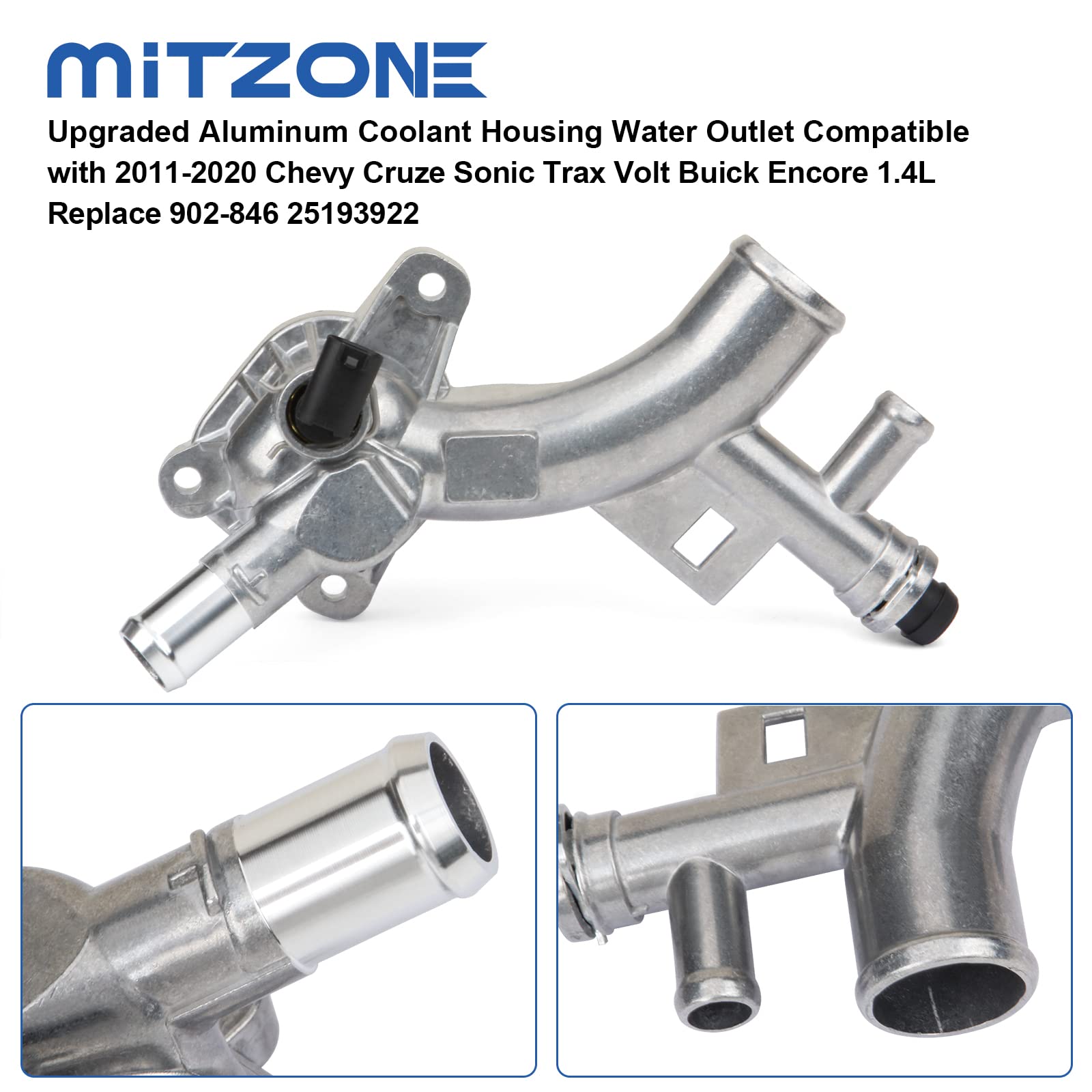 Mitzone Upgraded Aluminum Coolant Housing Water Outlet Compatible With 2011-2020 Chevy Cruze Sonic Trax Volt Buick Encore 1.4L R