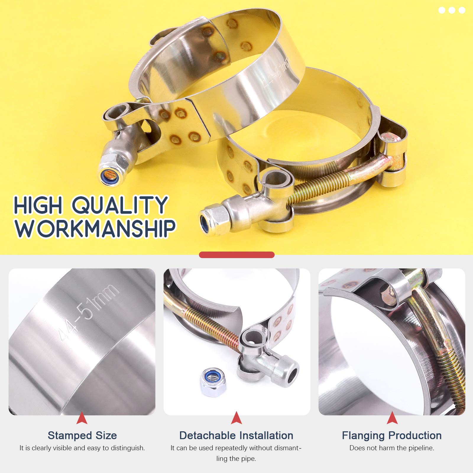 Hilitchi 2Pcs Stainless Steel T-Bolt Clamps With Rounded Band Edges Heavy Duty Turbo Intake Intercooler Clamp (44-51Mm) For 1 1/