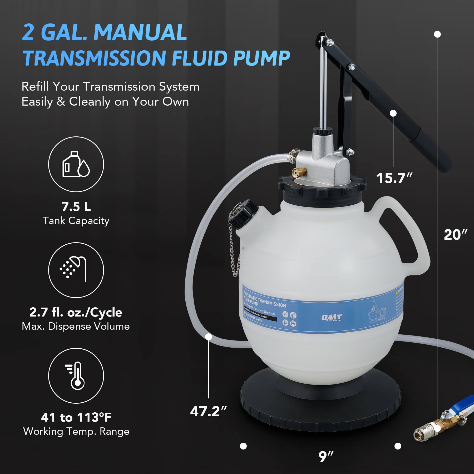 Orion Motor Tech 7.5L Transmission Fluid Pump, 2 Gallon Manual ATF Refill Kit Transmission Fluid Hand Pump Automotive, Transmission Fluid Transfer Pump, Transmission Fill Pump with 15 ATF Adapters