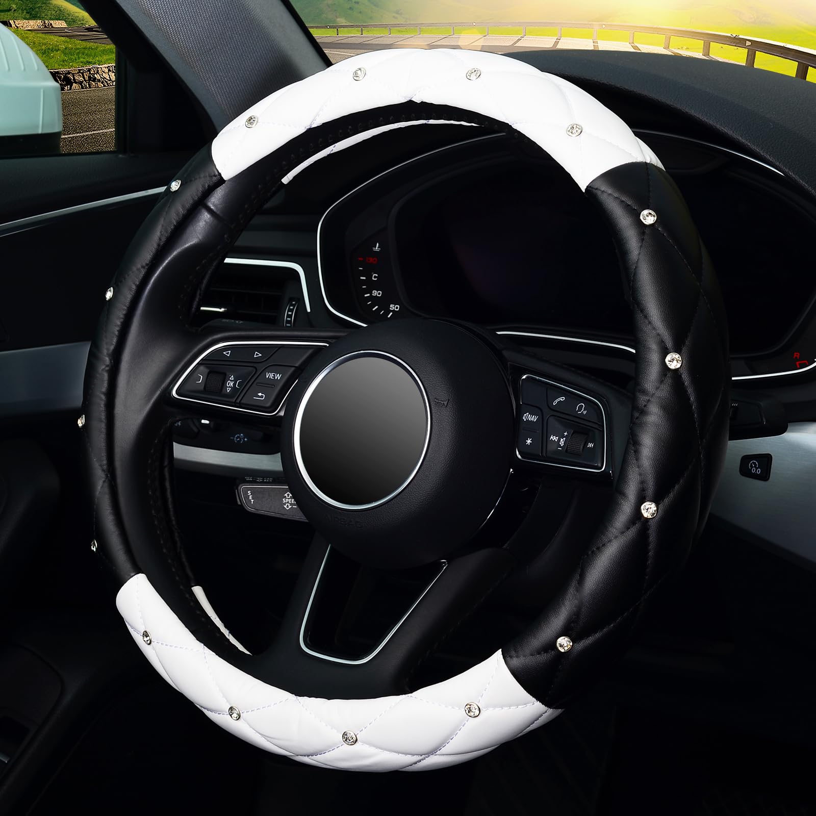 Kafeek Diamond Soft Leather Steering Wheel Cover With Bling Bling Crystal Rhinestones, Universal 15 Inch, Black White