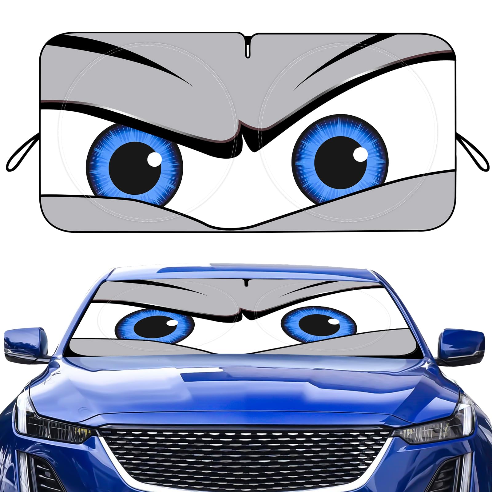 Car Windshield Sun Shade, Funny Eyes Sun Visor, Wear-Resistant Black Tape, Foldable 59X27.5/63''X31.5''