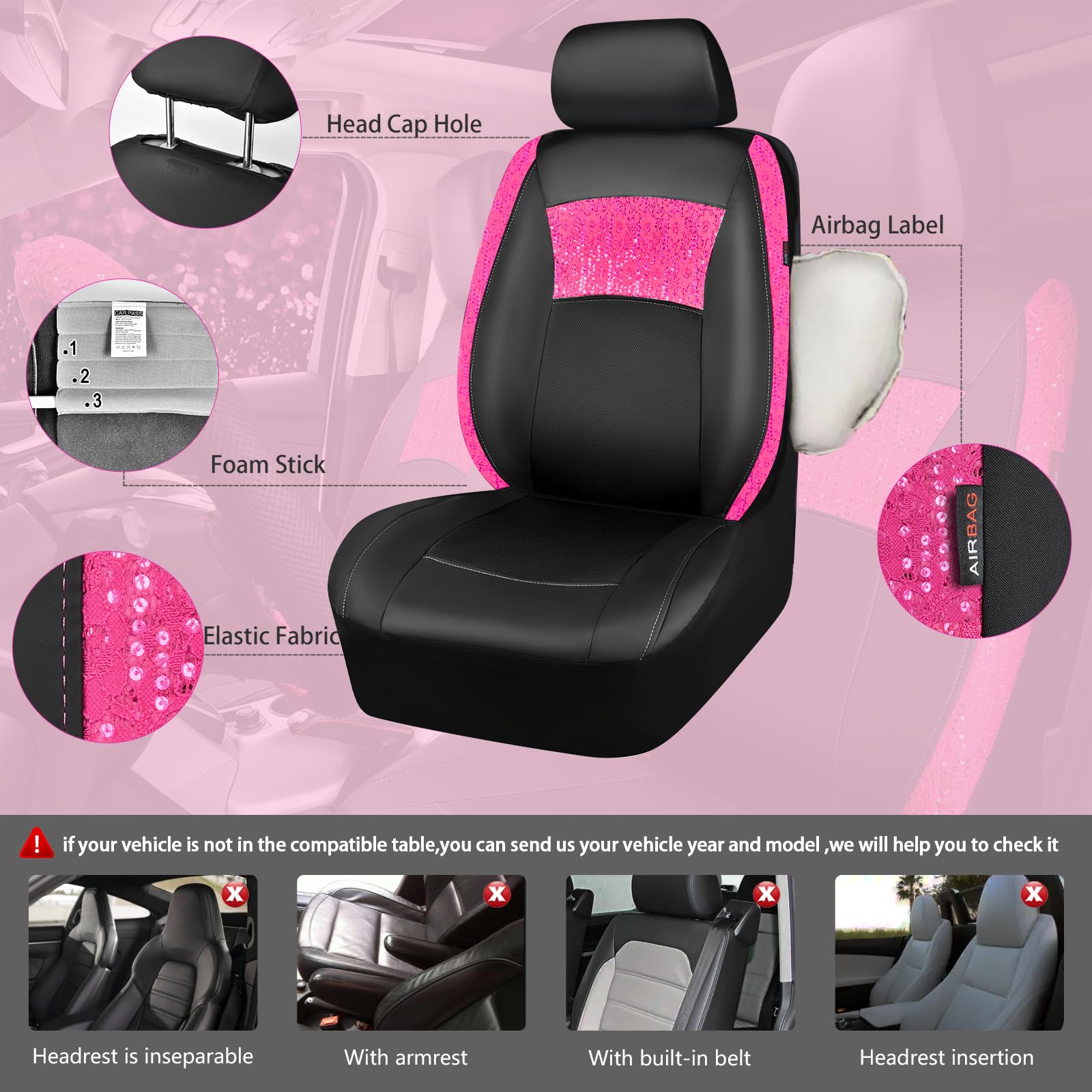 Car Pass Universal Leather Pink Lace Car Seat Covers Full Set For Women Girls, Waterproof Car Floor Mats Carpet, Steering Wheel