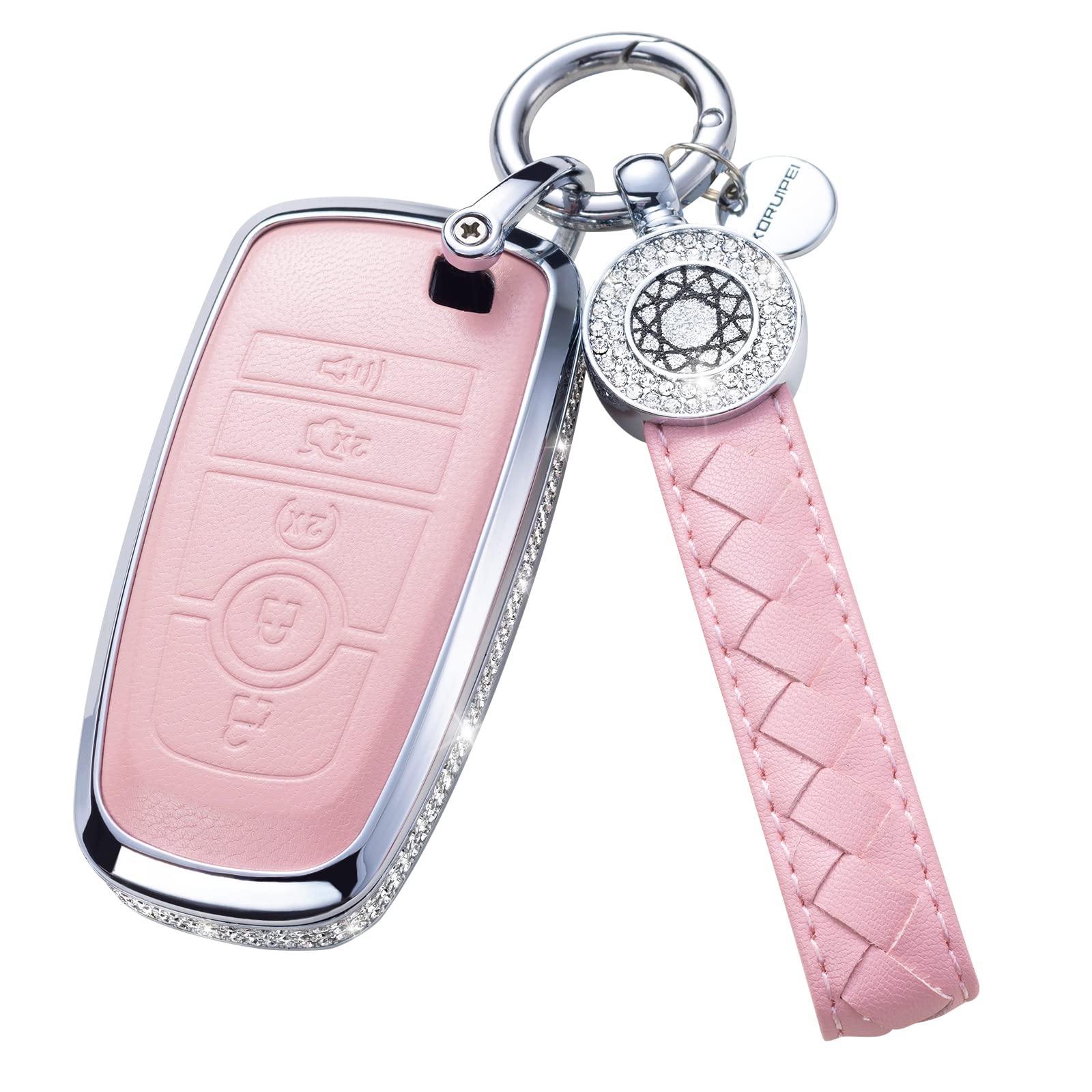Ruabiban Compatible With Ford Key Fob Cover With Keychain, Pink Genuine Leather Crystal Key Case Protection Shell For Ford Fusio