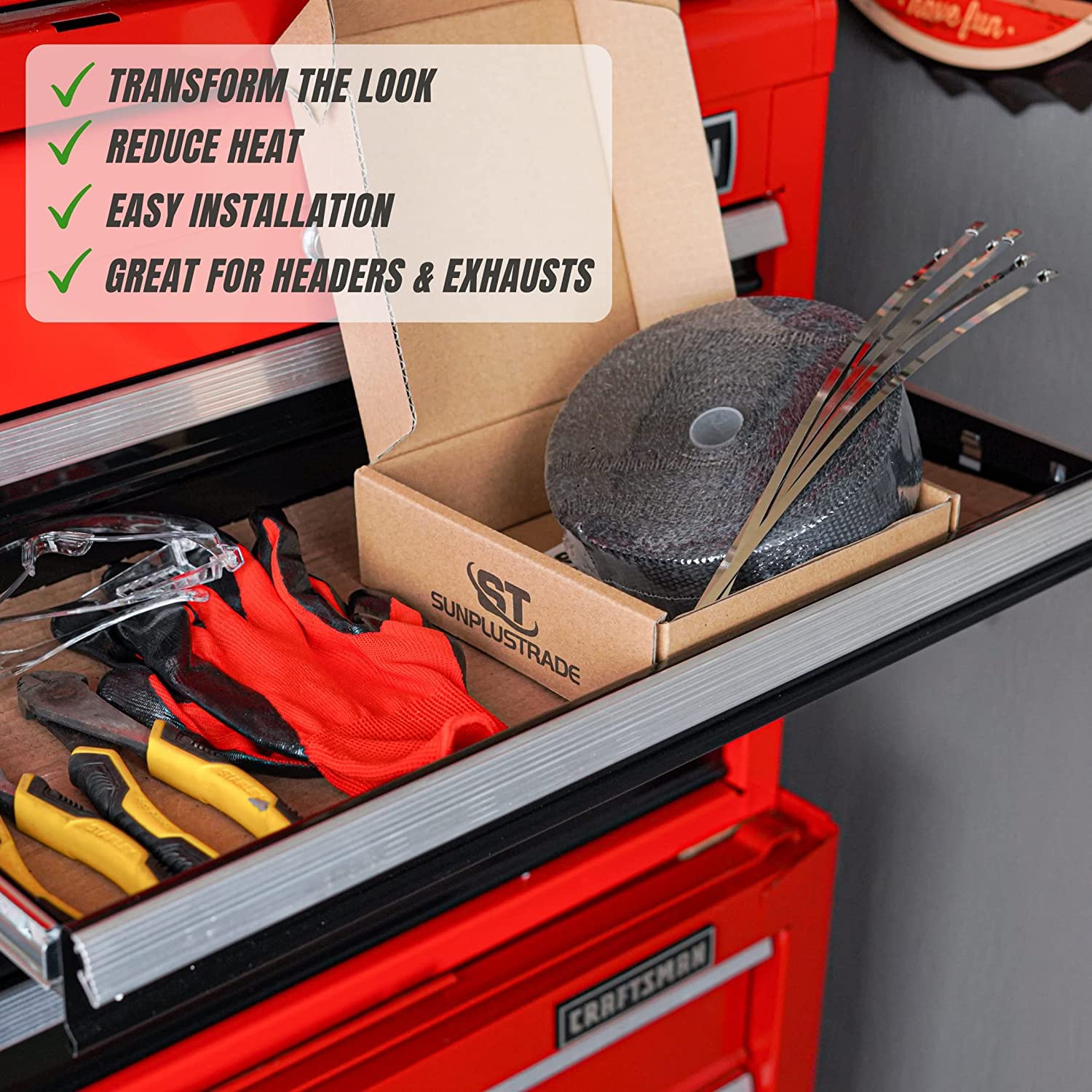 Sunplustrade 2' X 50' Black Exhaust Header Heat Wrap For Motorcycle Cars Heat Shield With Stainless Steel Zip Tie (2 Pack)