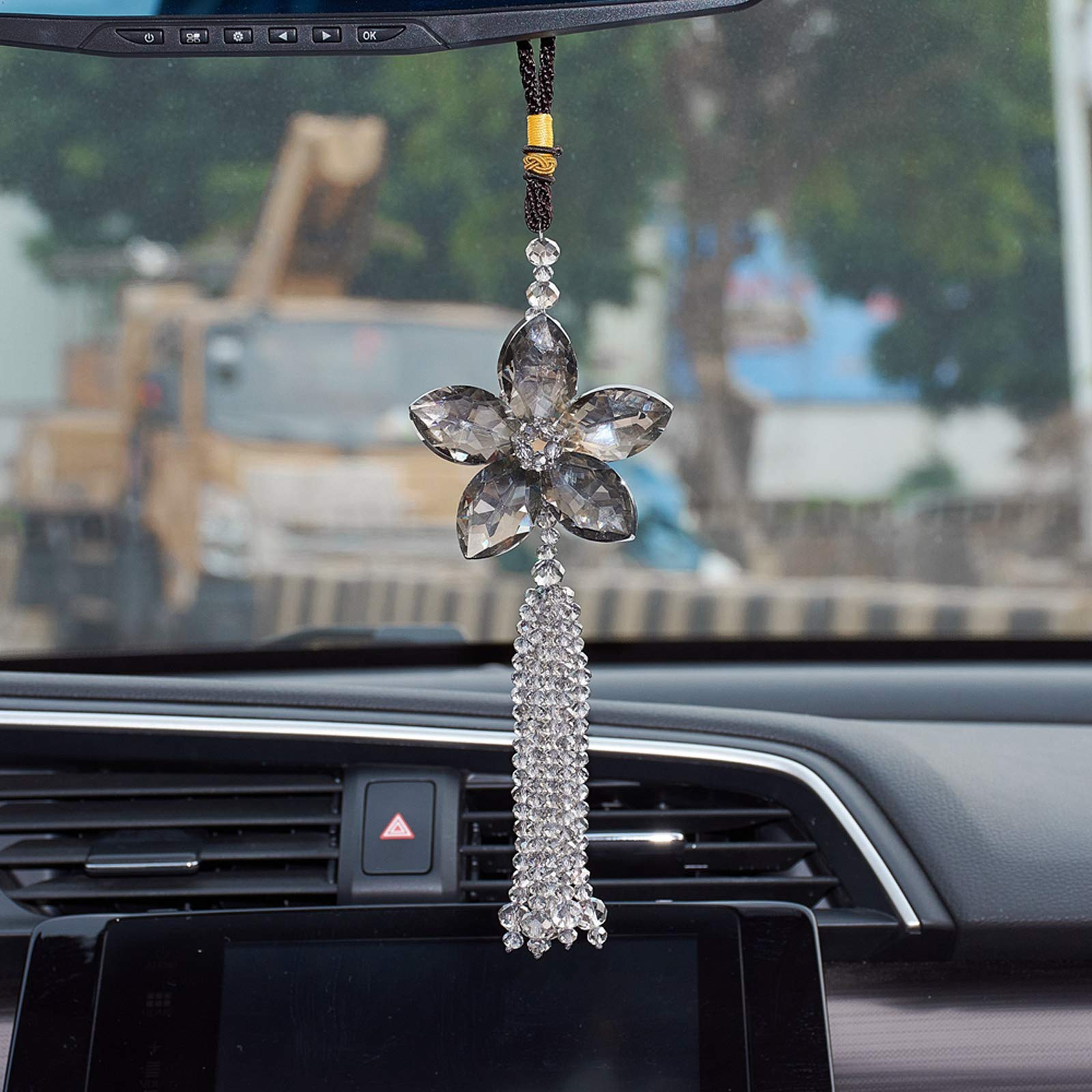 Atmomo Crystal Flower Car Rear View Mirror Pendant Car Hanging Ornament Lucky Car Charm With Dangle Beads, Gray