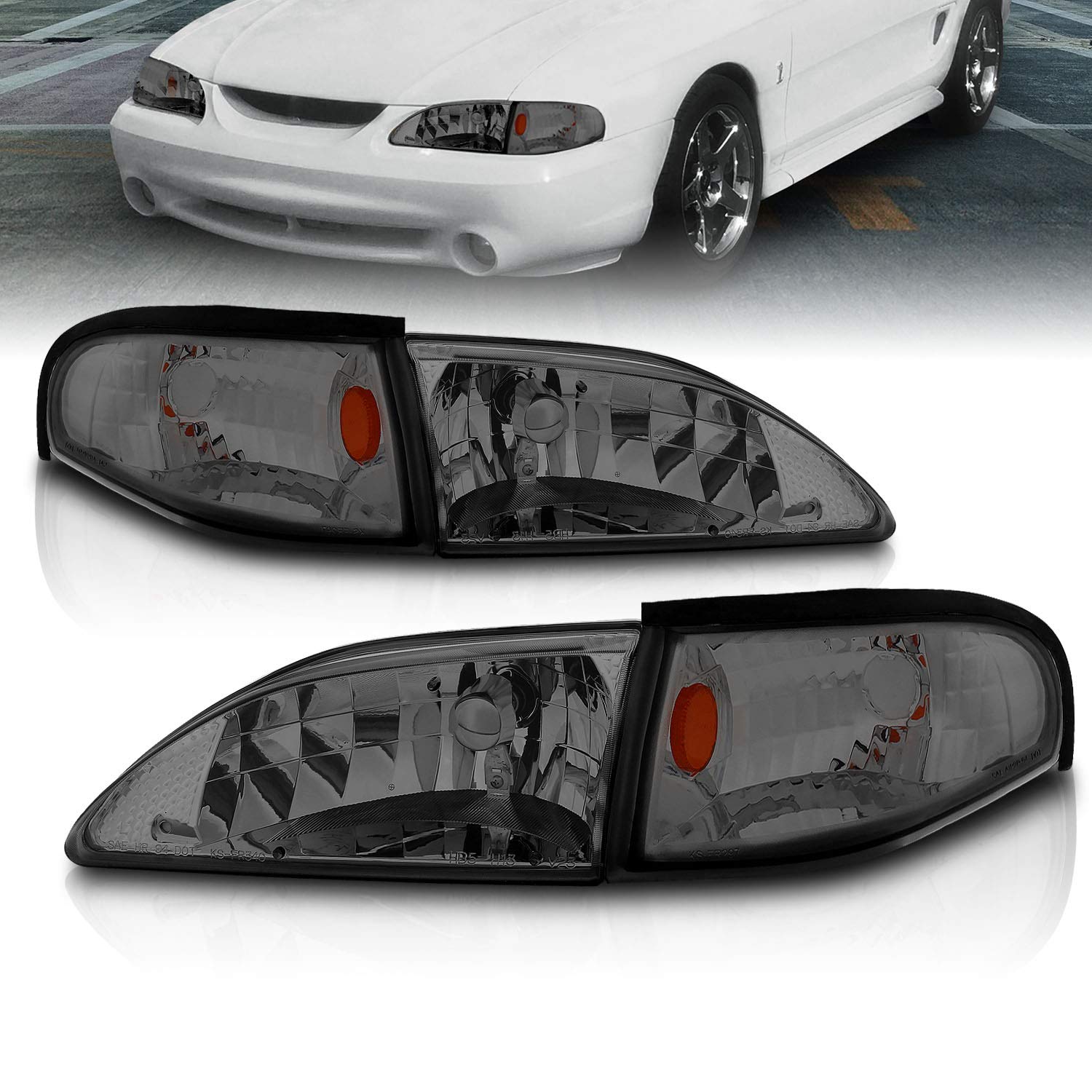 Amerilite Smoke Replacement Headlights Corner Turn Signal Set For 94-98 Ford Mustang - Passenger And Driver Side