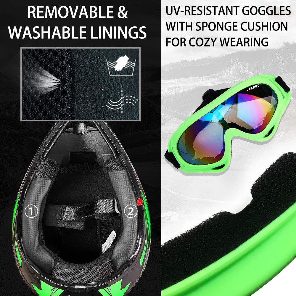 ILM Youth Motocross Helmet with Goggles & Gloves, DOT Approved, Youth-M, Green/Silver, Model ILM-B07, Plastic Material