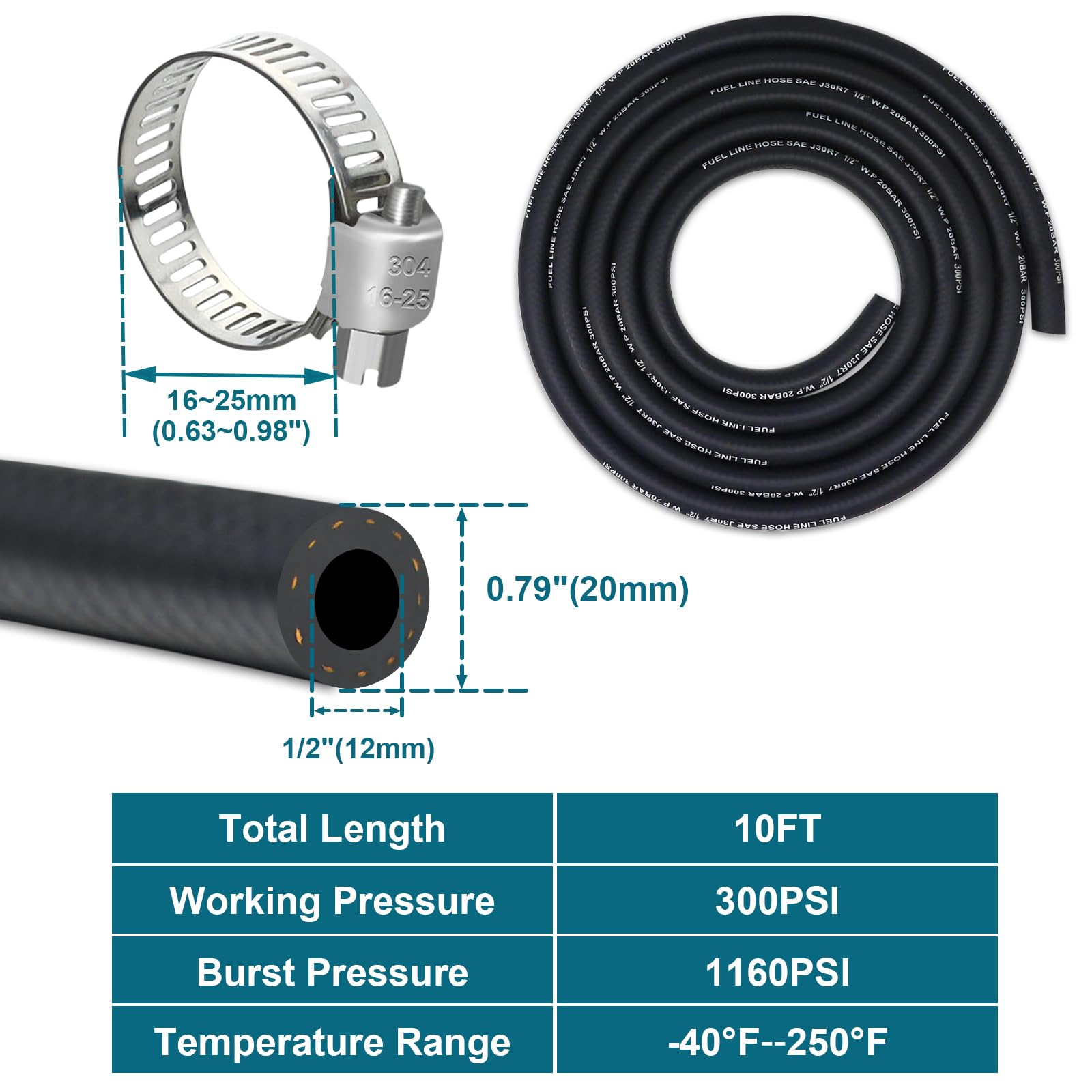 Vwtni 1/2 Fuel Line Hose 10 Feet, Nbr Rubber Gasoline Tube With 10 Pcs Stainless Steel Clamps, Fuel Line Kit