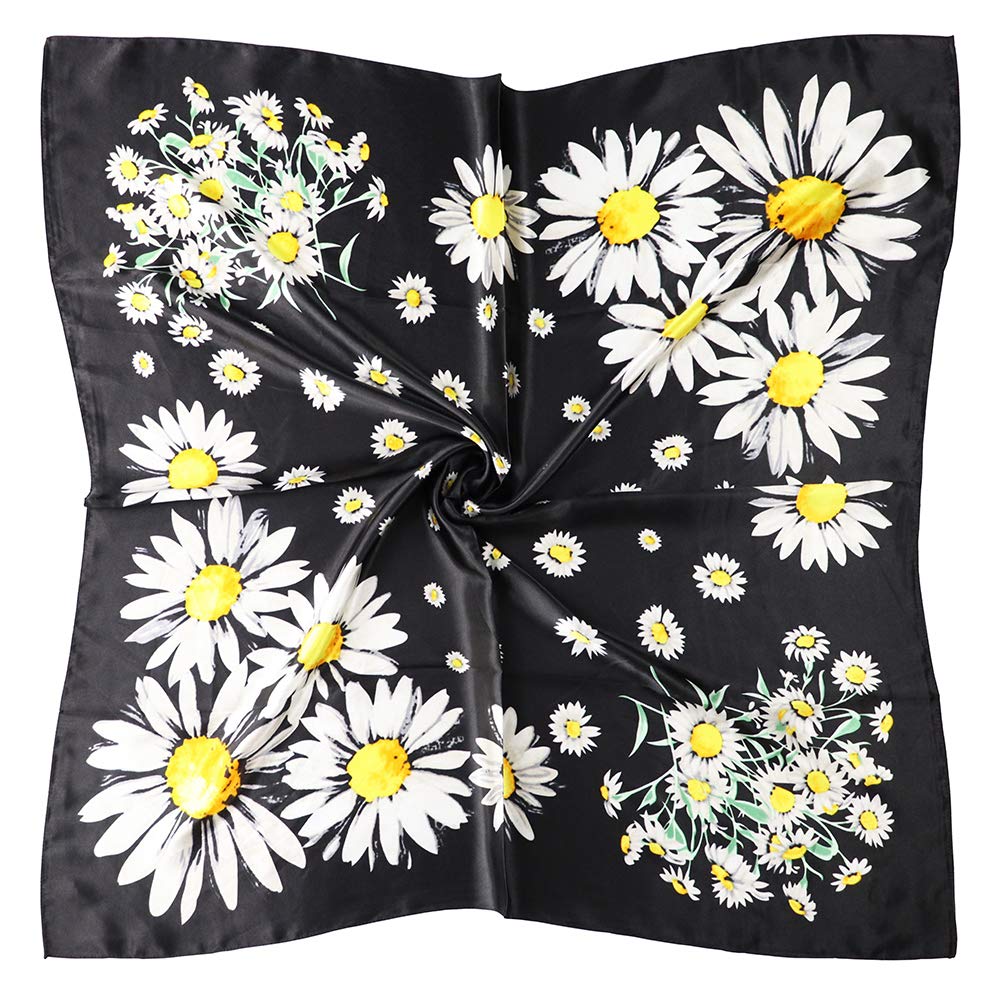 Vabovin Womens 35 Satin Square Silk Like Hair Scarves And Wraps Headscarf For Sleeping (Black Daisies)