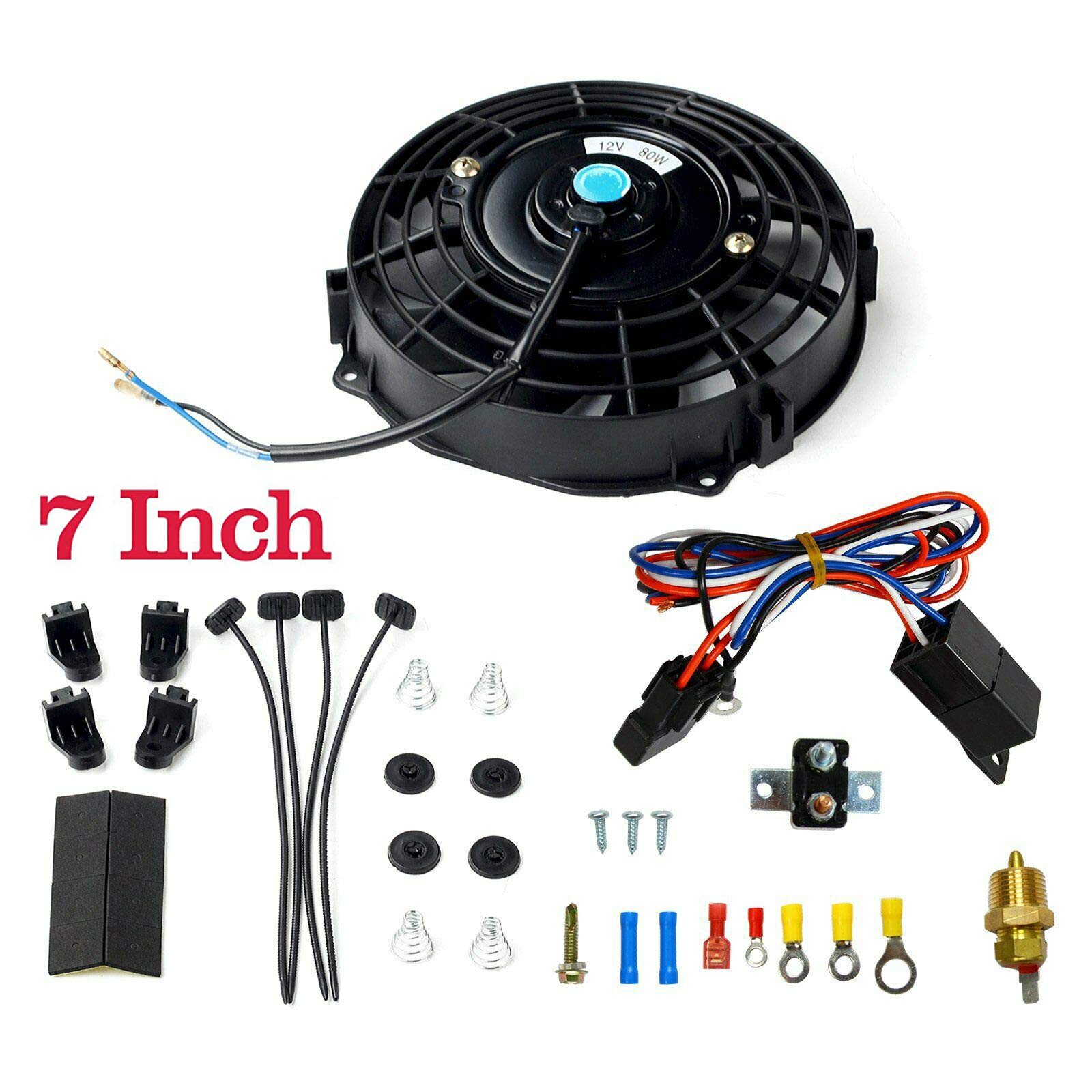 BLACKHORSE-RACING 7 Electric Radiator Fan High 3000 + CFM Thermostat Wiring Switch Relay Kit Black (7 inch)