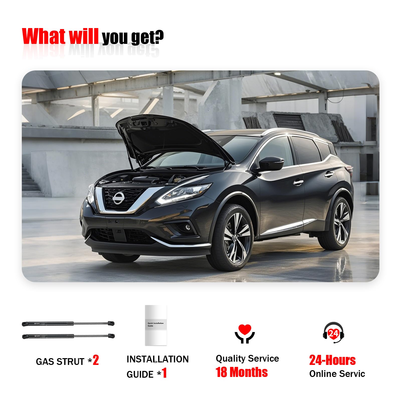 Iaqwe 7094-W Nissan Hood Lift Support Compatible With 2015 2016 2017 2018 2019 2020 2021 2022 2023 2024 Nissan Murano Front Gas