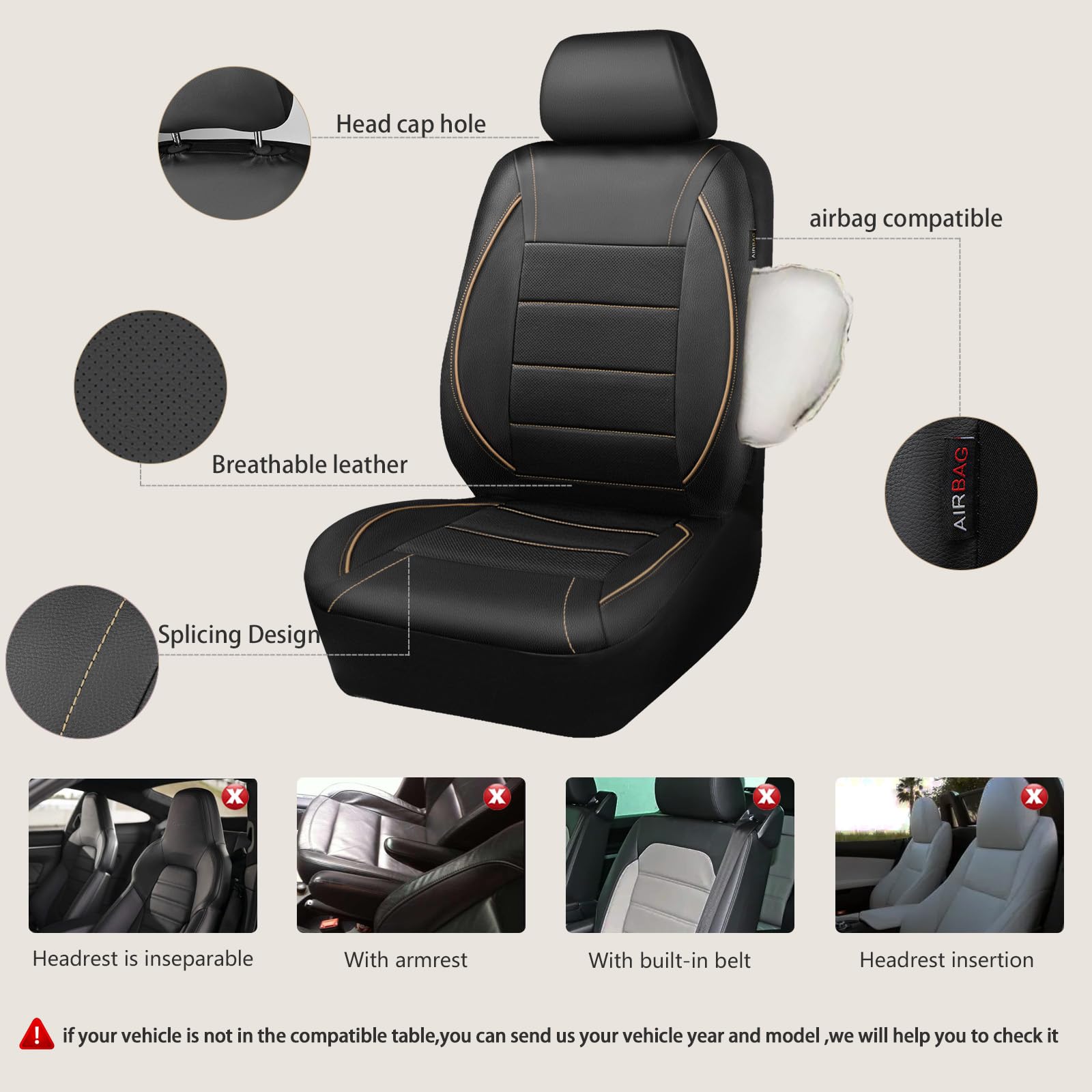 Car Pass Universal Fit Piping Leather Two Front Seat Covers, Waterproof Faux Leather For Suv Sedan Van Truck, Airbag Compatible,