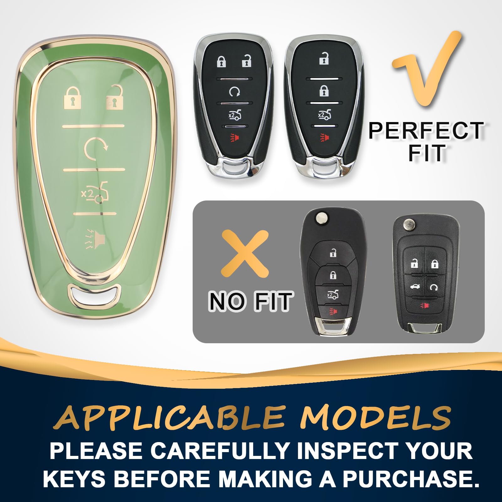 Qbuc For Chevy Key Fob Cover With Keychain Gold Trim Soft Tpu Protection Case Compatible With 2016-2025 Chevy Equinox Malibu Cam