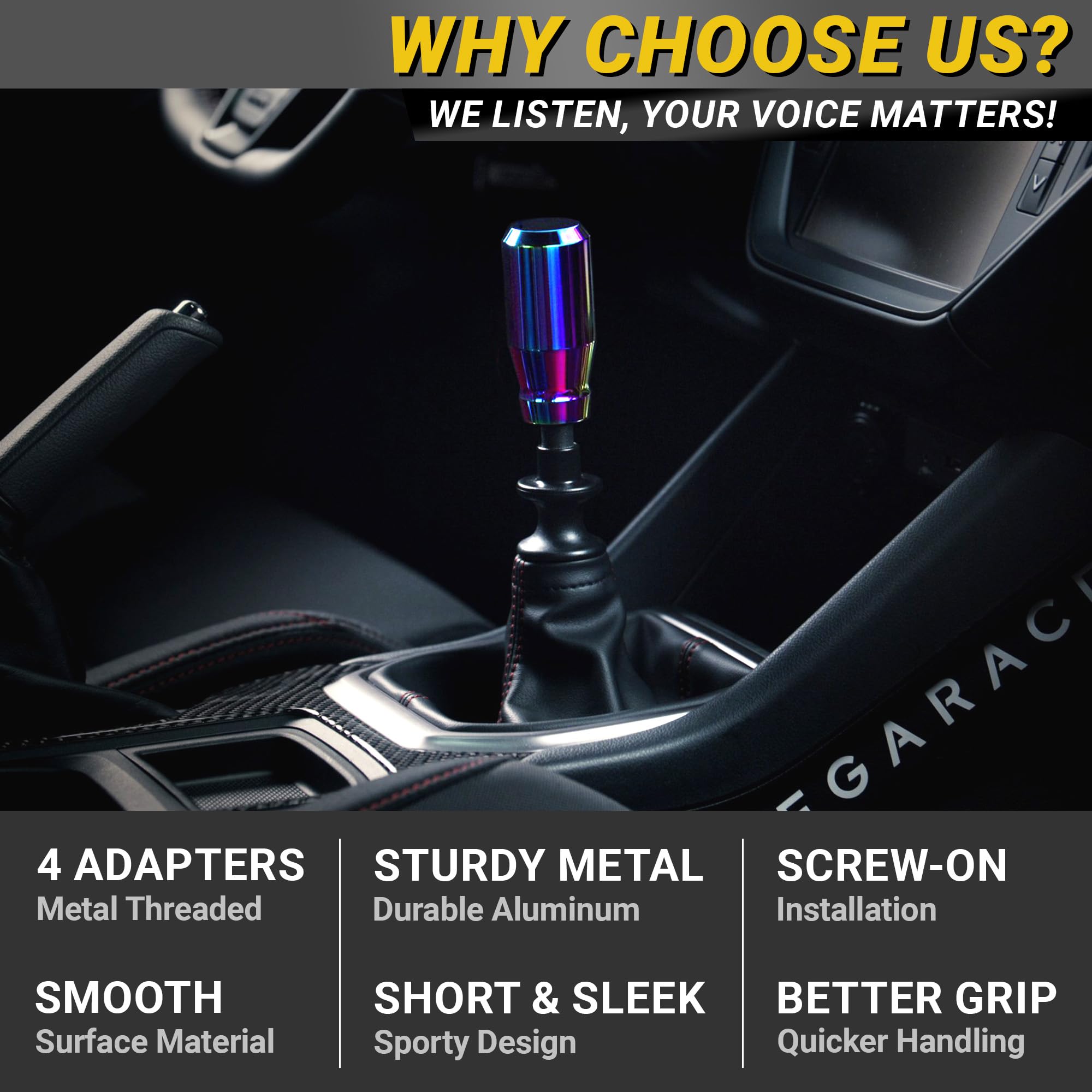 Neo Chrome Manual Gear Shift Knob | Automatic Buttonless Shifter | 5 and 6 Speed Car Stick