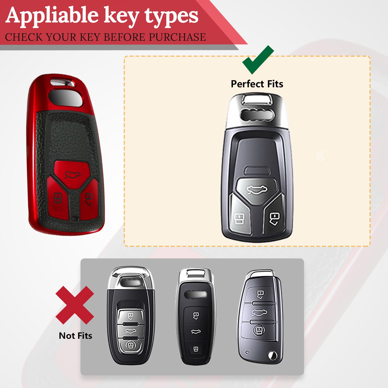 Ctrinews For Audi Key Fob Cover With Leather Keychain, Advanced Soft Tpu Surface Grain Key Case For A4 A5 A6 Q3 Q5 Q7 Tts S4 S5