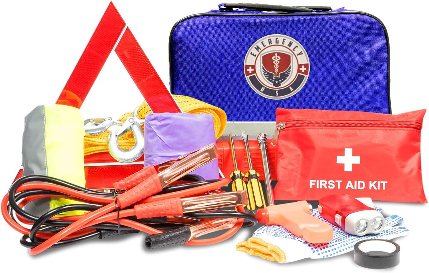Roadside Car Emergency Kit - First Aid Set, Jumper Cables, Tow Strap, Led Flash Light, Rain Coat, Tire Pressure Gauge, Safety Ve