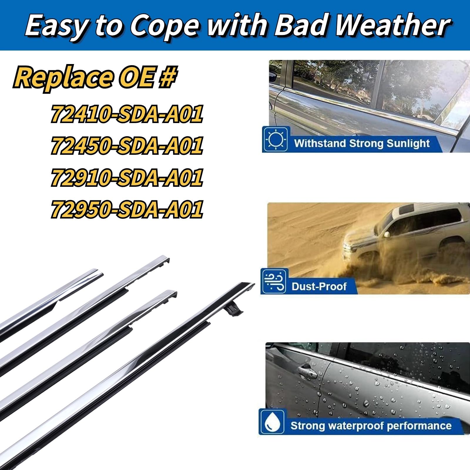 4Pcs Weatherstrip Window Moulding Trim Seal Belt Compatible With 2003-2007 Honda Accord Replaces# 72410-Sda-A01; 72450-Sda-A01;