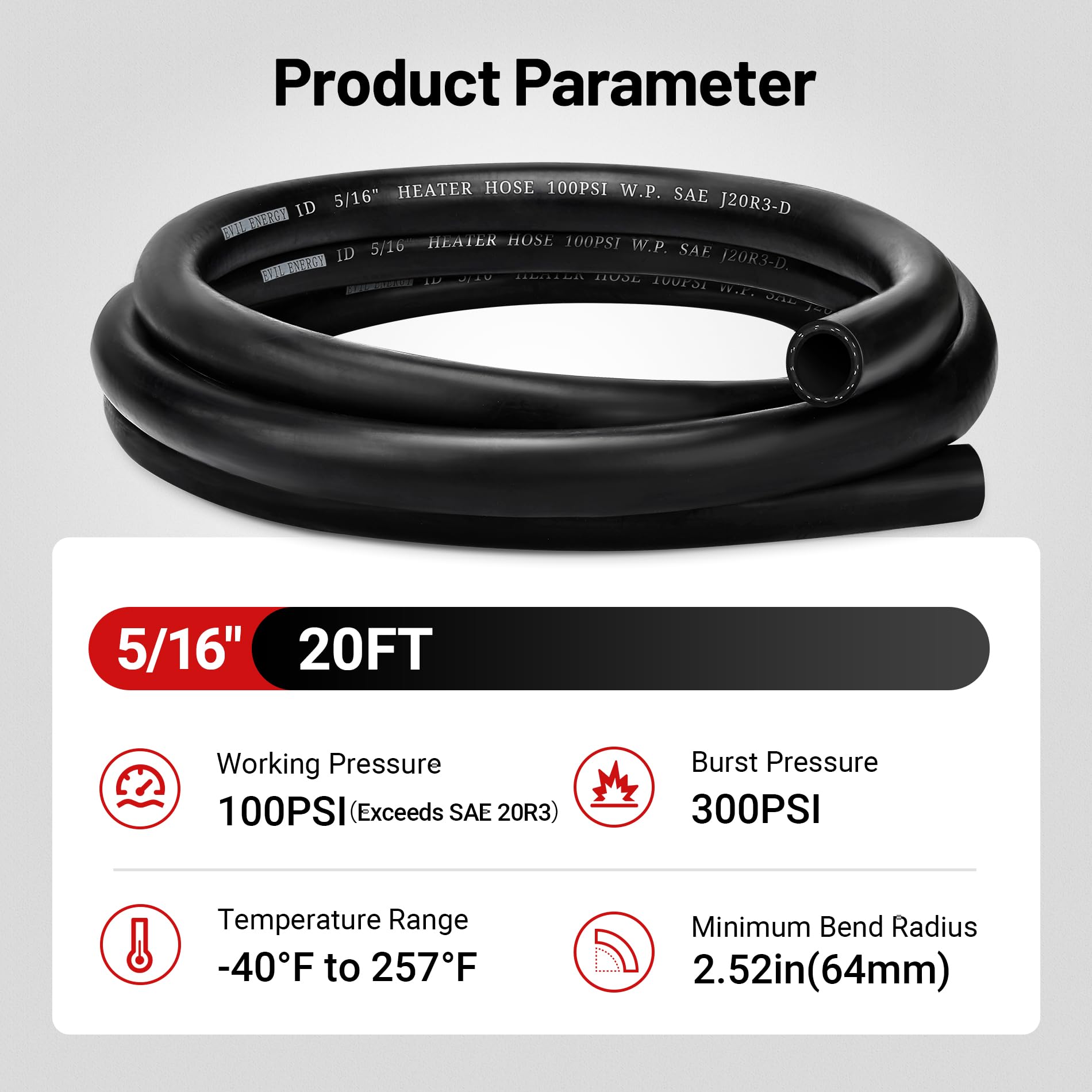 Evil Energy 5/16'' Heater Hose Coolant Radiator Straight 100Psi Sae 20R3 20Ft Black