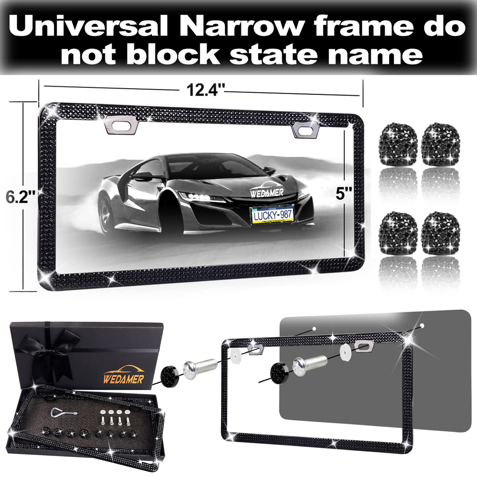 Wedamer 2 Pack Bling License Plate Frames For Women Black Rhinestone License Plate Frame Black Diamond License Plate Frame Sparkly License Plate Frame Glitter Bedazzled License Plate Frame Gifts Women