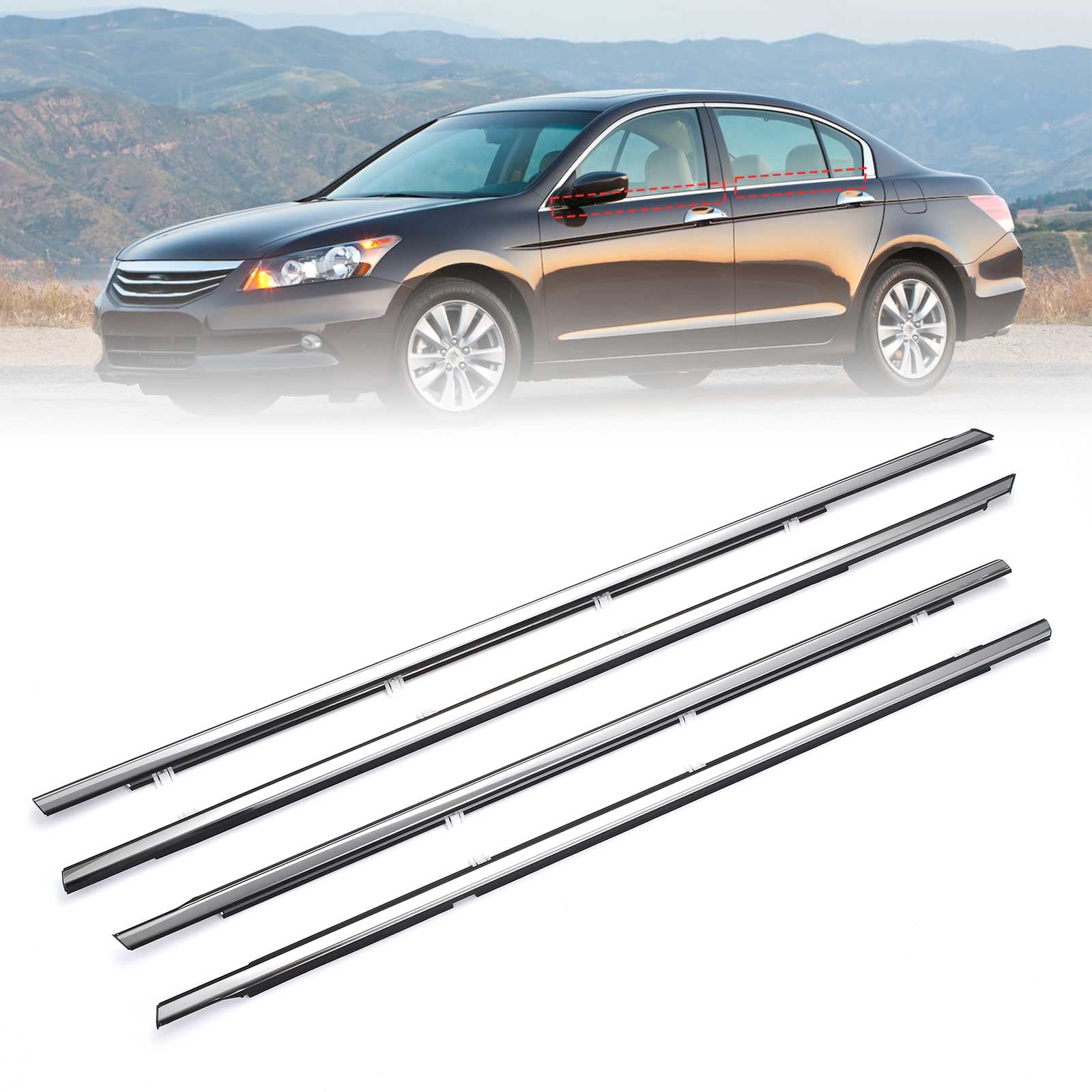 Yzqpnb Weatherstrip Window Molding Trim Seal Belt Chrome Compatible With Honda Accord 2008-2012 Front Rear Left Driver & Right Passenger Side Door Exterior Window Trim # 72410-Ta0-A01 72450-Ta0-A01