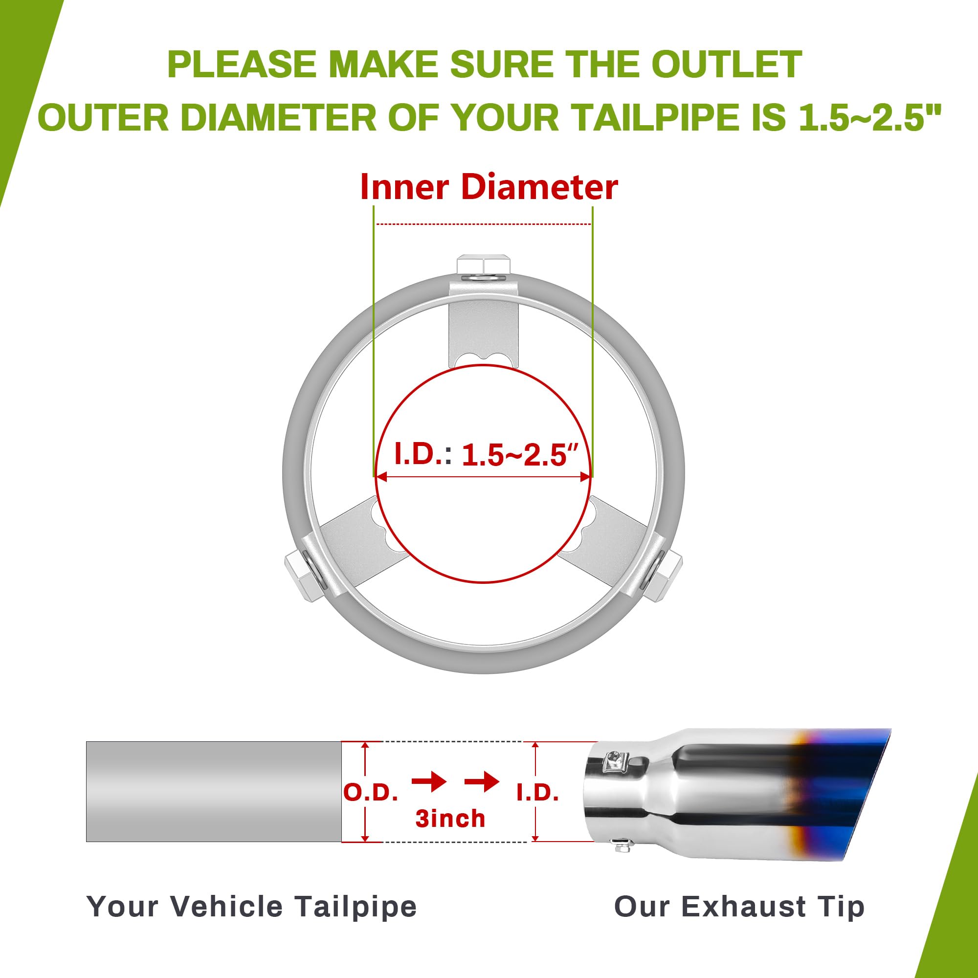 Autosaver88 1.5-2.5 Inch Exhaust Tip, 1.5'-2.5' Inlet 4' Outlet 9' Long Blue Burnt Stainless Exhaust Tip With Clamps And Adapters Fit For 1.5'/1.75'/2.0'/2.25'/2.5' Outer Diameter Tailpipe, Bolt-On
