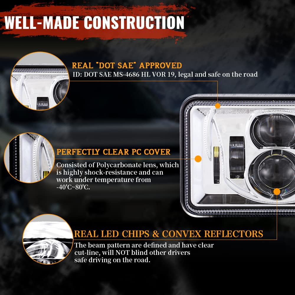 BICYACO 1 Pair 4x6 Inch LED Headlights 60W High Low Beam H4651 H4652 H4656 H4666 H6545 Projector Lens for Peterbil Kenworth Frei