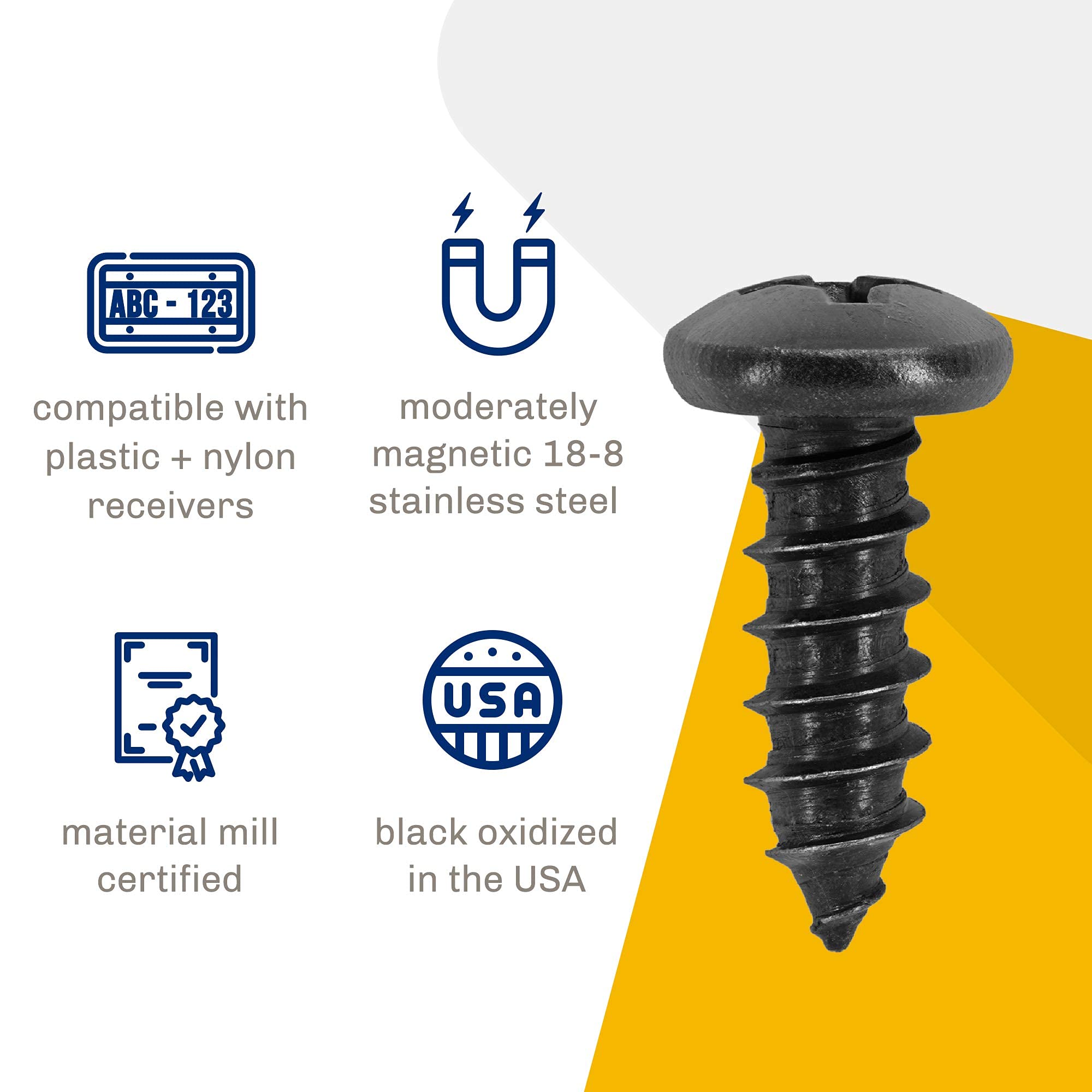 MAKERS BOLT Black License Plate Screws, Stainless Steel, Pan Head, 0.75 inches, Black Oxidized Finish, Pack of 4