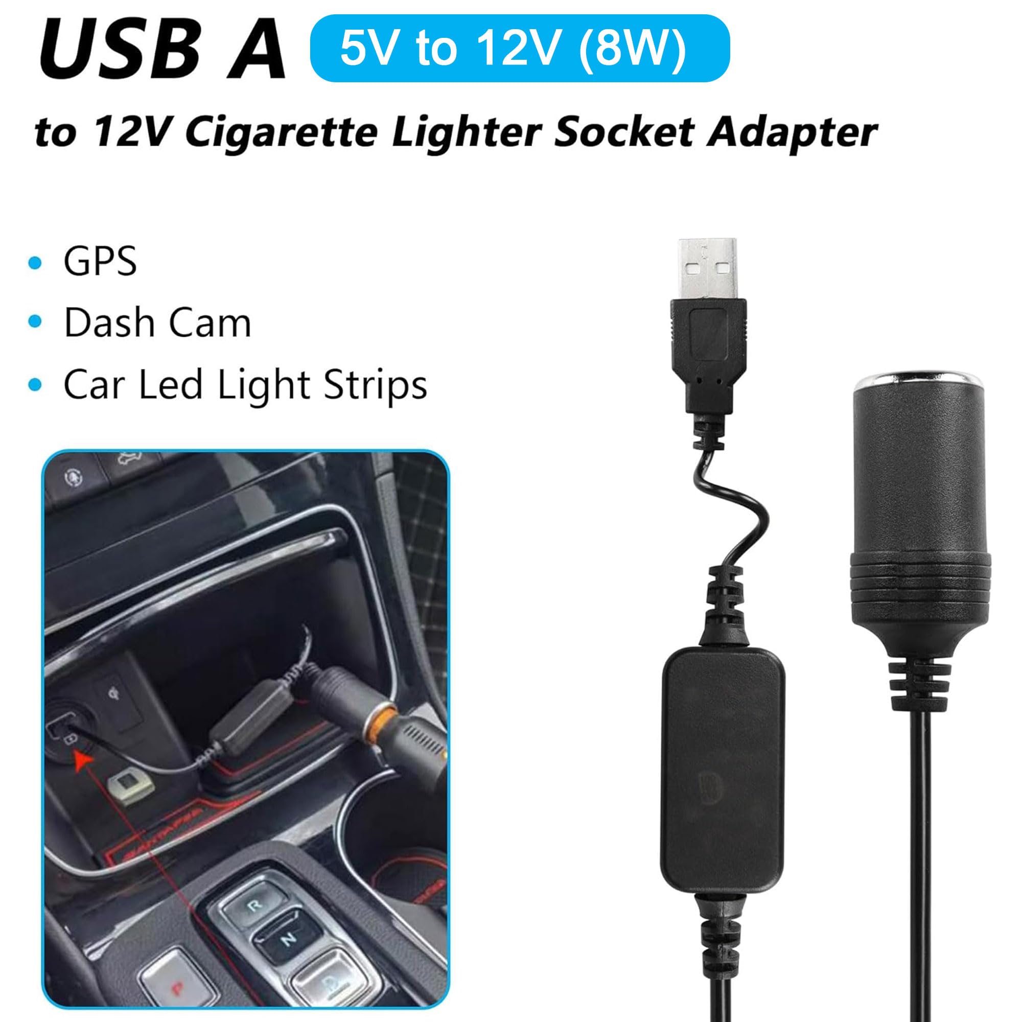 CERRXIAN 1ft USB A Male to 12V 8W Cigarette Lighter Socket Adapter Power Cable for Dash Cam, GPS, Car Led Light Strips, and Othe