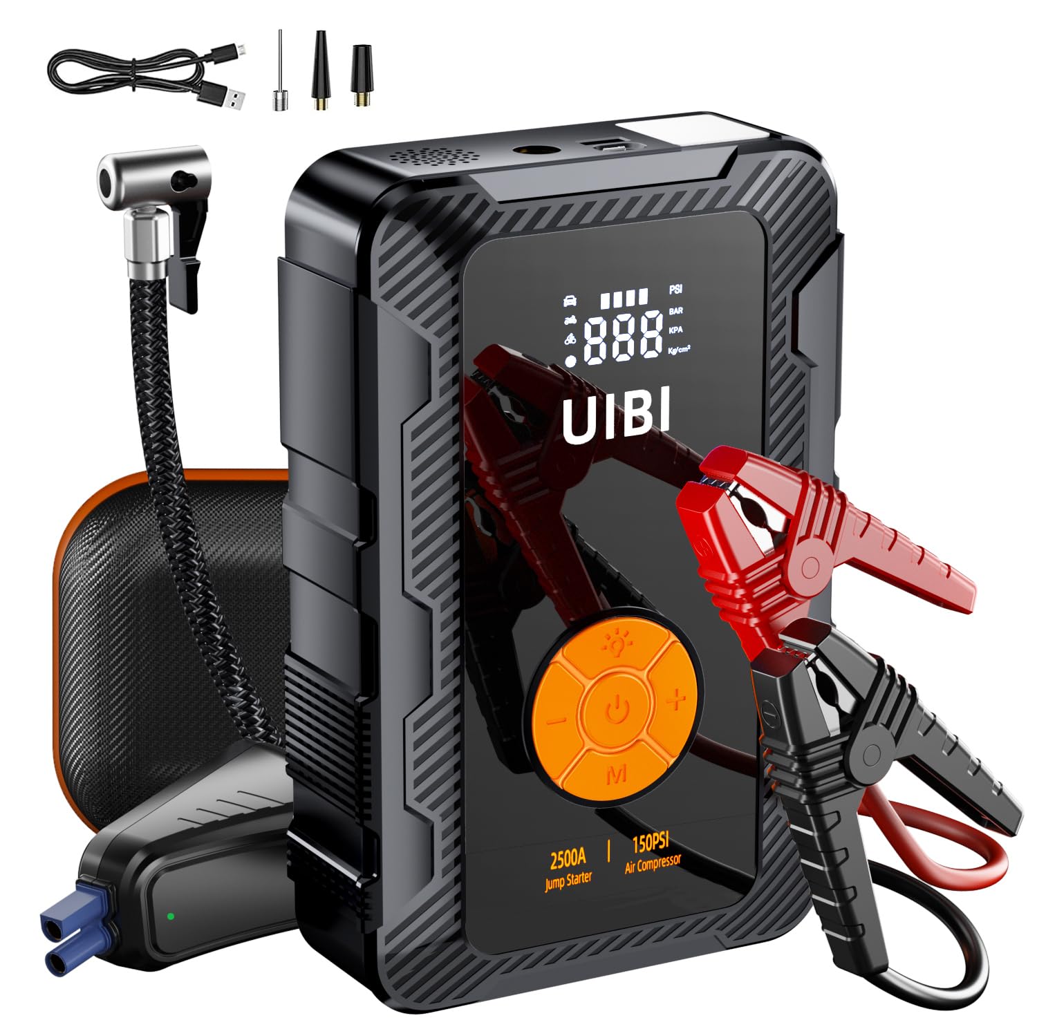 Uibi X6 Jump Starter With Air Compressor 150Psi, 2500A Car Battery Jumper Starter Portable Pack With Typec45W, 20000Mah Tire Inf