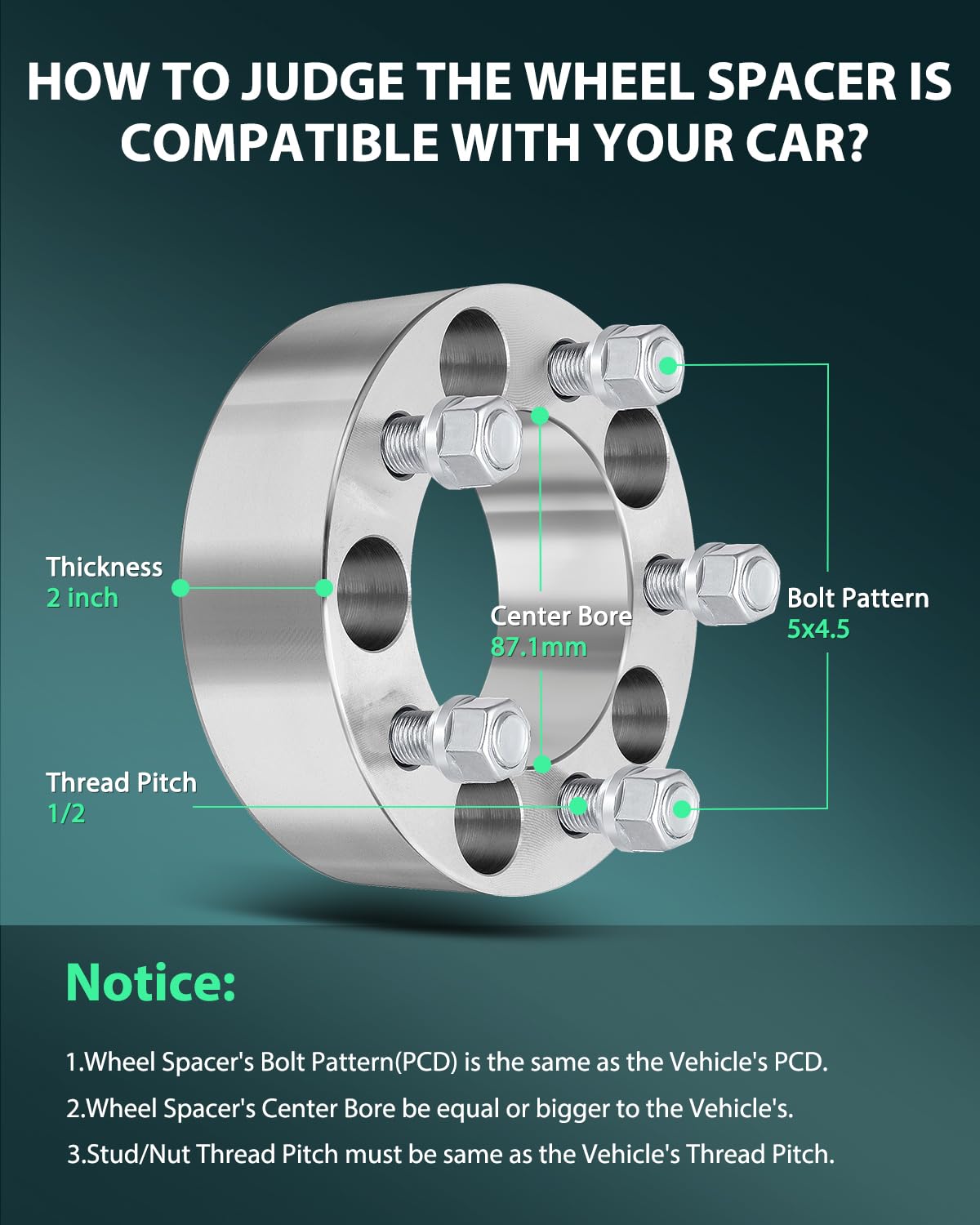 SCITOO 5x4.5 Wheel Spacers 2 inch Thick Hub Bore 87.1mm with 1/2 Studs, Silver 5 Lug No Hubcentric Wheel Spacers Fit for Cheroke