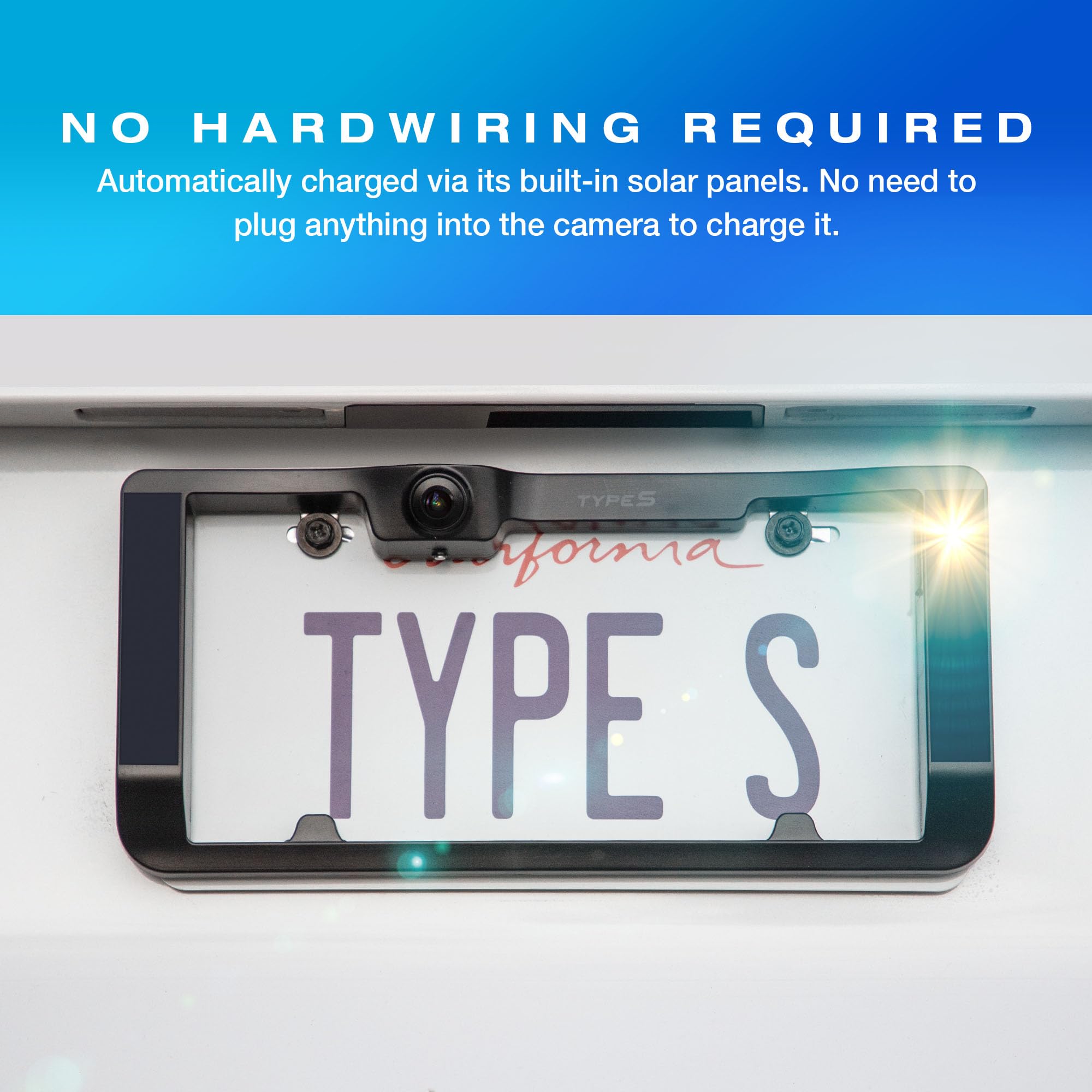 Type S | Vehicle Wireless Backup Camera License Plate Frame, Extra Long Battery Life With Solar Powered Charging, Waterproof, Po