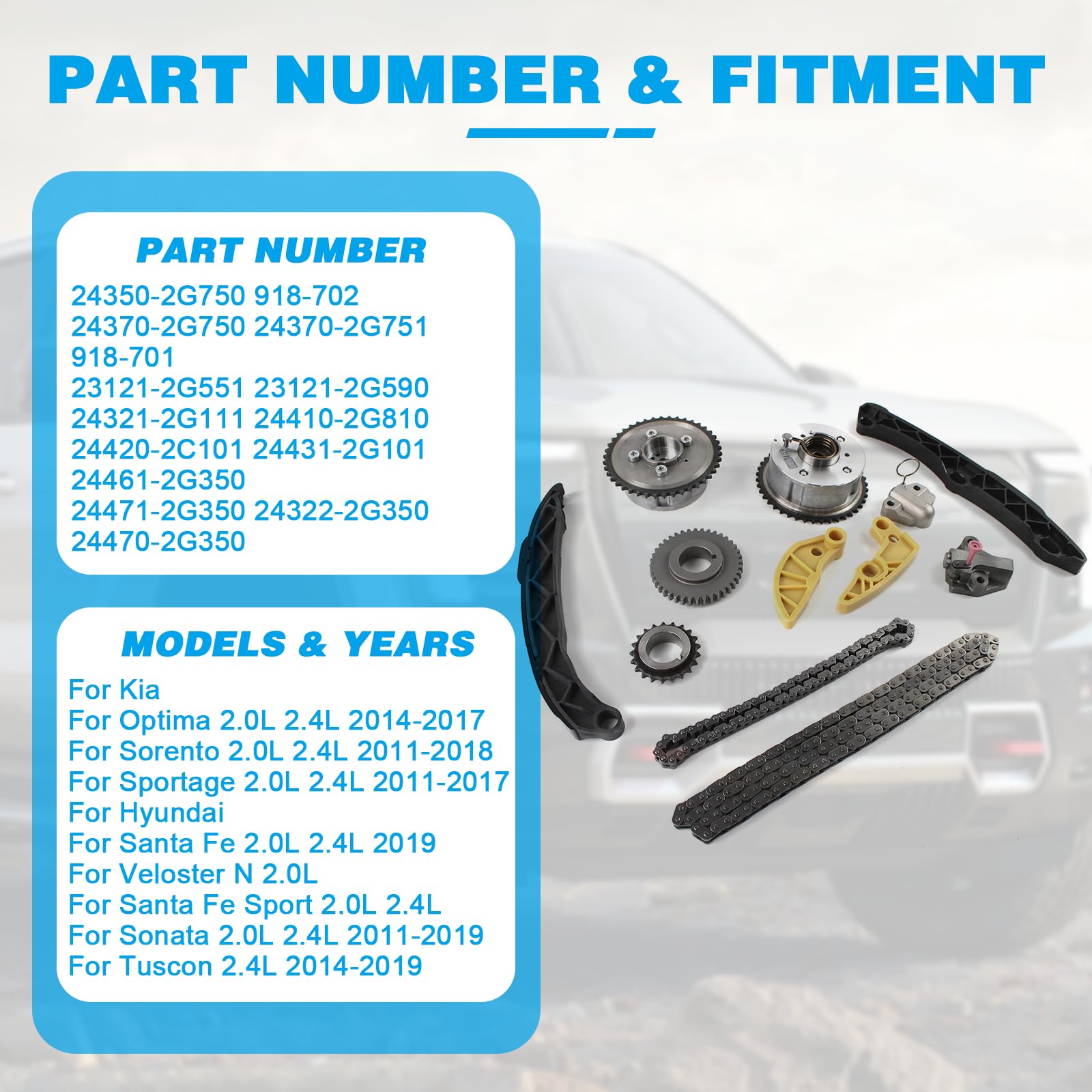 Fiwary Timing Chain Kit With Camshaft Vvt Gear Fit For 2011-2018 Kia Sorento Optima Sportage, For 2011-2019 Hyundai Santa Fe Sonata Tucson 2.4 2.0 G4Kj Replace Oe 24350-2G750 24370-2G750 24321-2G111