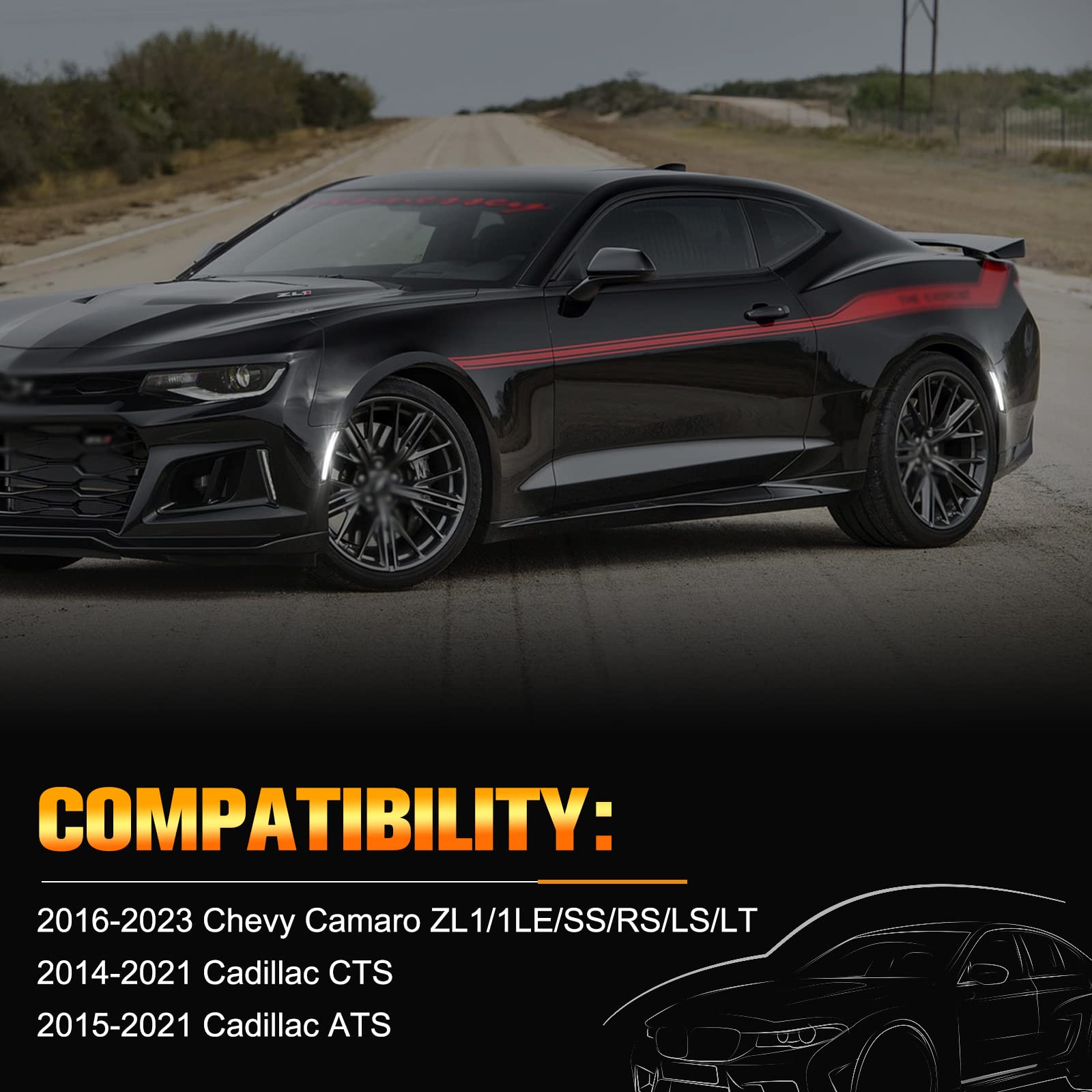 LED Side Marker Lights Front Rear Bumper Fender Marker Lamps for 2016-2023 Chevy Camaro White Reflectors Smoked Len, 4PCS