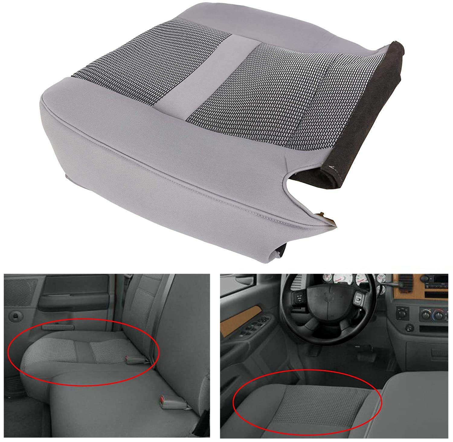 ECOTRIC Driver Seat Cover Compatible with 2006-2008 Dodge Ram SLT 1500 2500 3500 and 2009 Dodge Ram SLT 2500 3500 Gray Left Seat Bottom Lower Cloth Replacement
