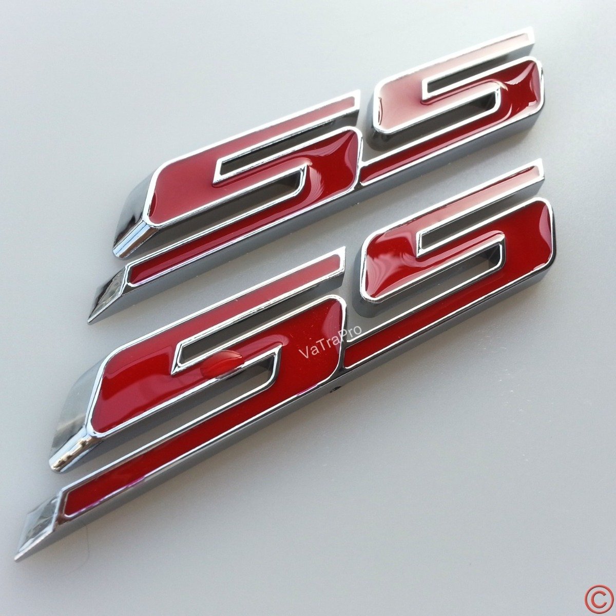 (3 Pieces) Small Slant Ss Grill Side Trunk Emblem Badge Decal With Sticker For Chevy Impala Cobalt Camaro 2010-2016 [Red Letter