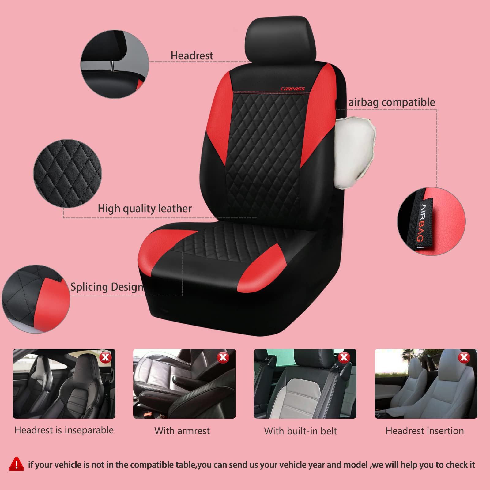 Car Pass Red Leather Seat Covers Full Set-Universal Quilting Pretty Girly Car Seat Cover With 5Mm Composite Sponge Inside,Airbag