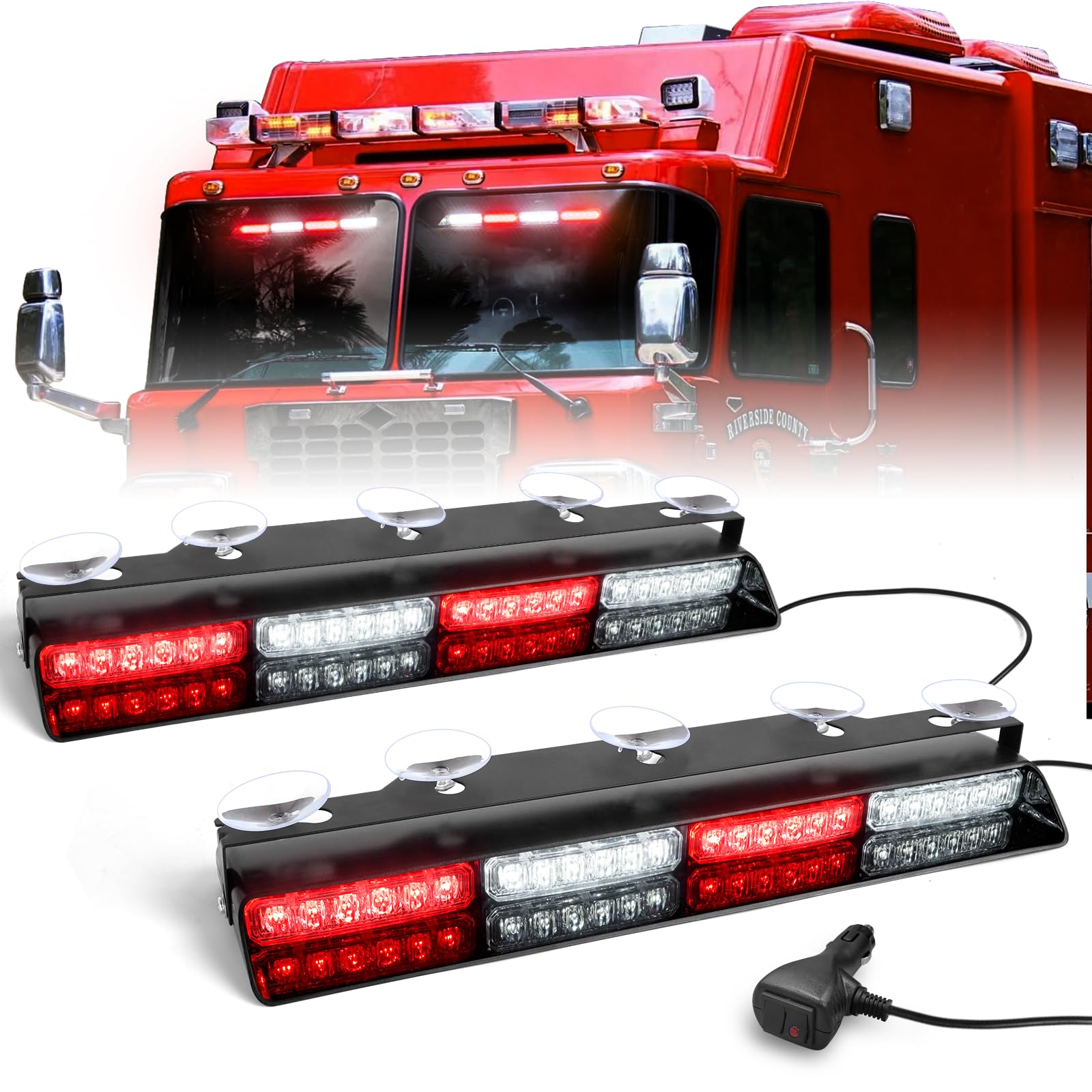 Hlauto 6Z4J Emergency Dash Strobe Lights: 2X16.8 Inch Red White Safety Lights, 48 Led Flashing Warning Hazard Interior Windshiel