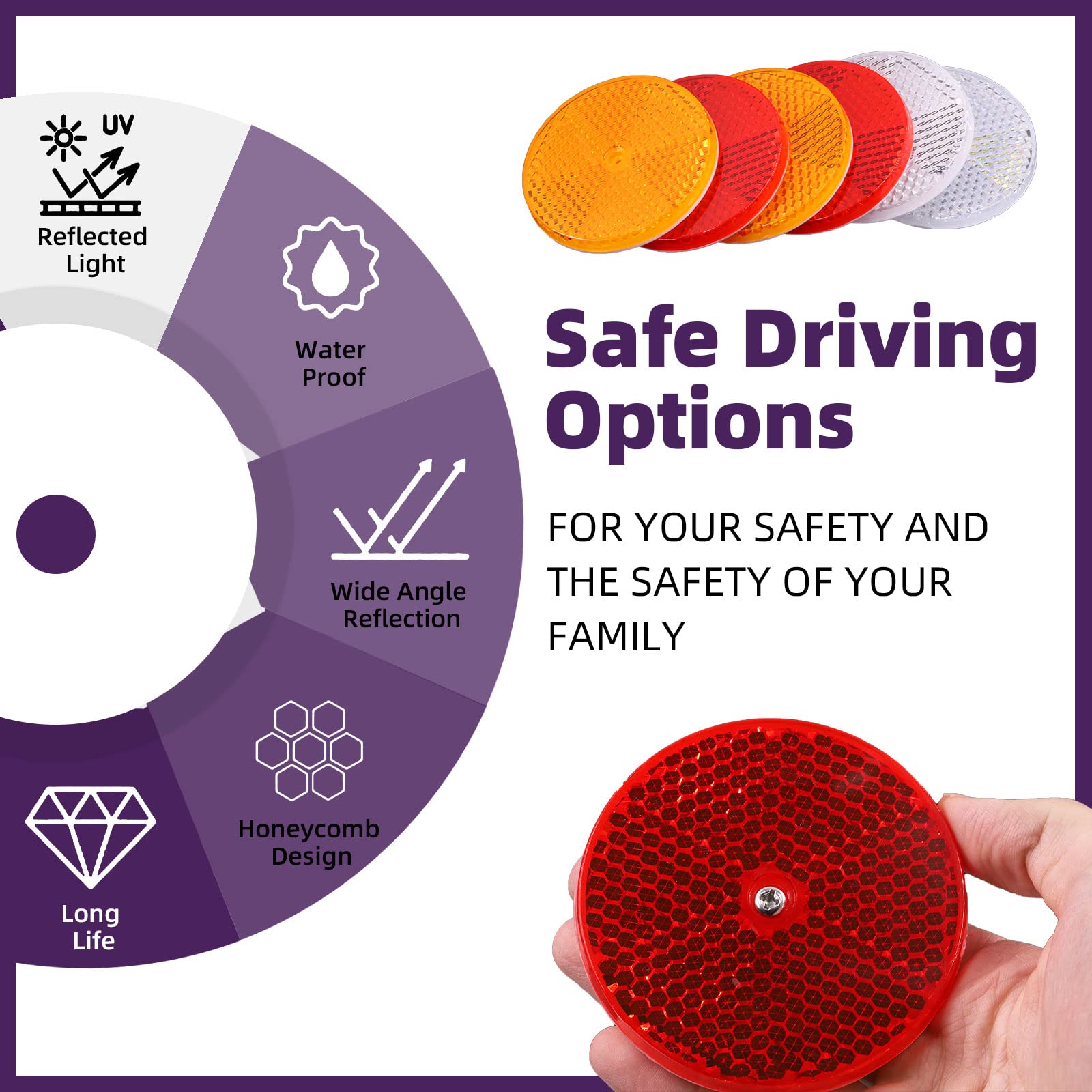 Swpeet 45Pcs Round Front Reflector Driveway Trailer Reflectors, 3 Colors Of Reflective Mailbox Reflector With Center Mounting Ho