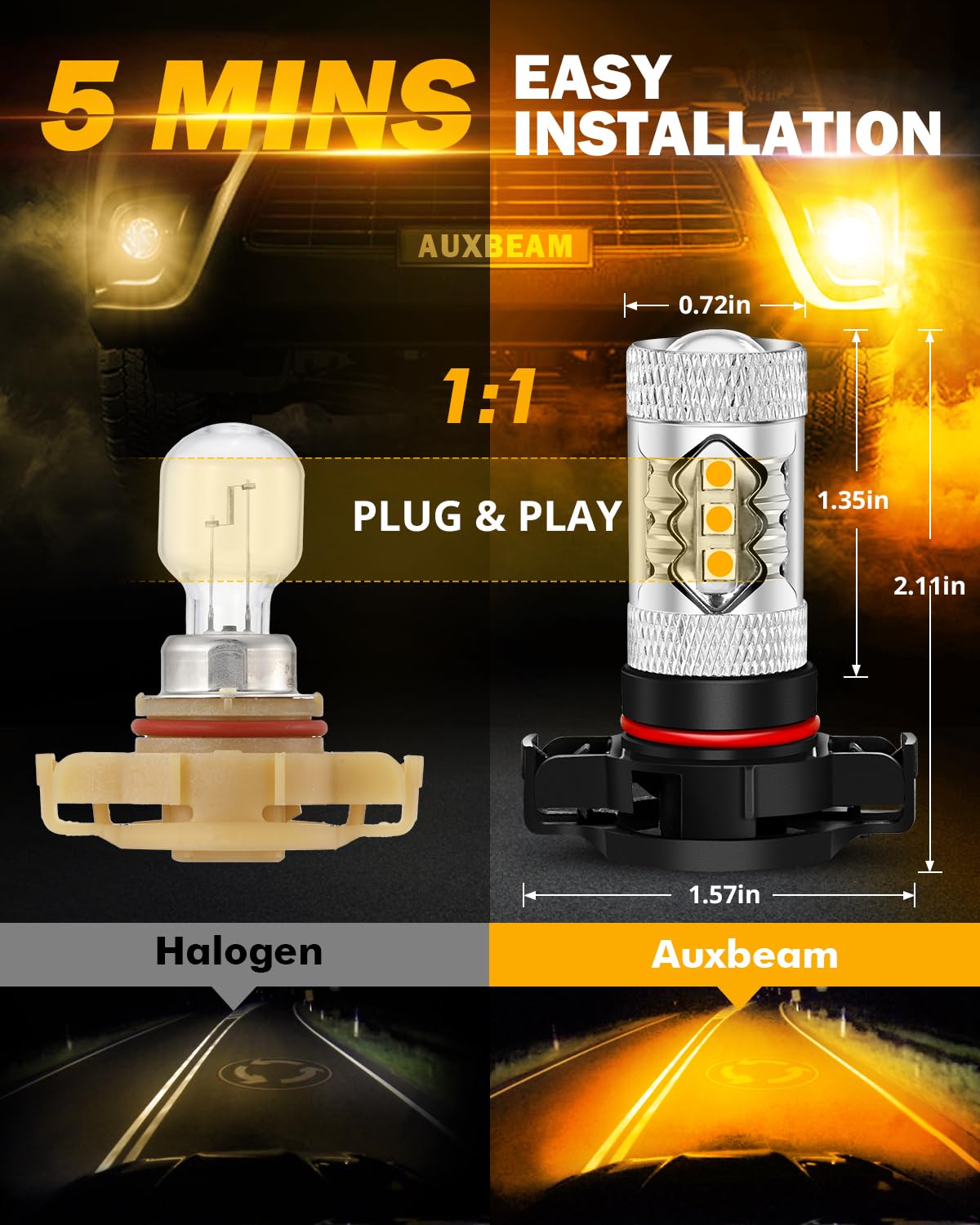 Auxbeam 5201/5202/9009 Fog Light Bulbs 3500K Amber Yellow, High Power 50W 8000Lm Super Bright, 360-Degree Illumination, Fog Lamp