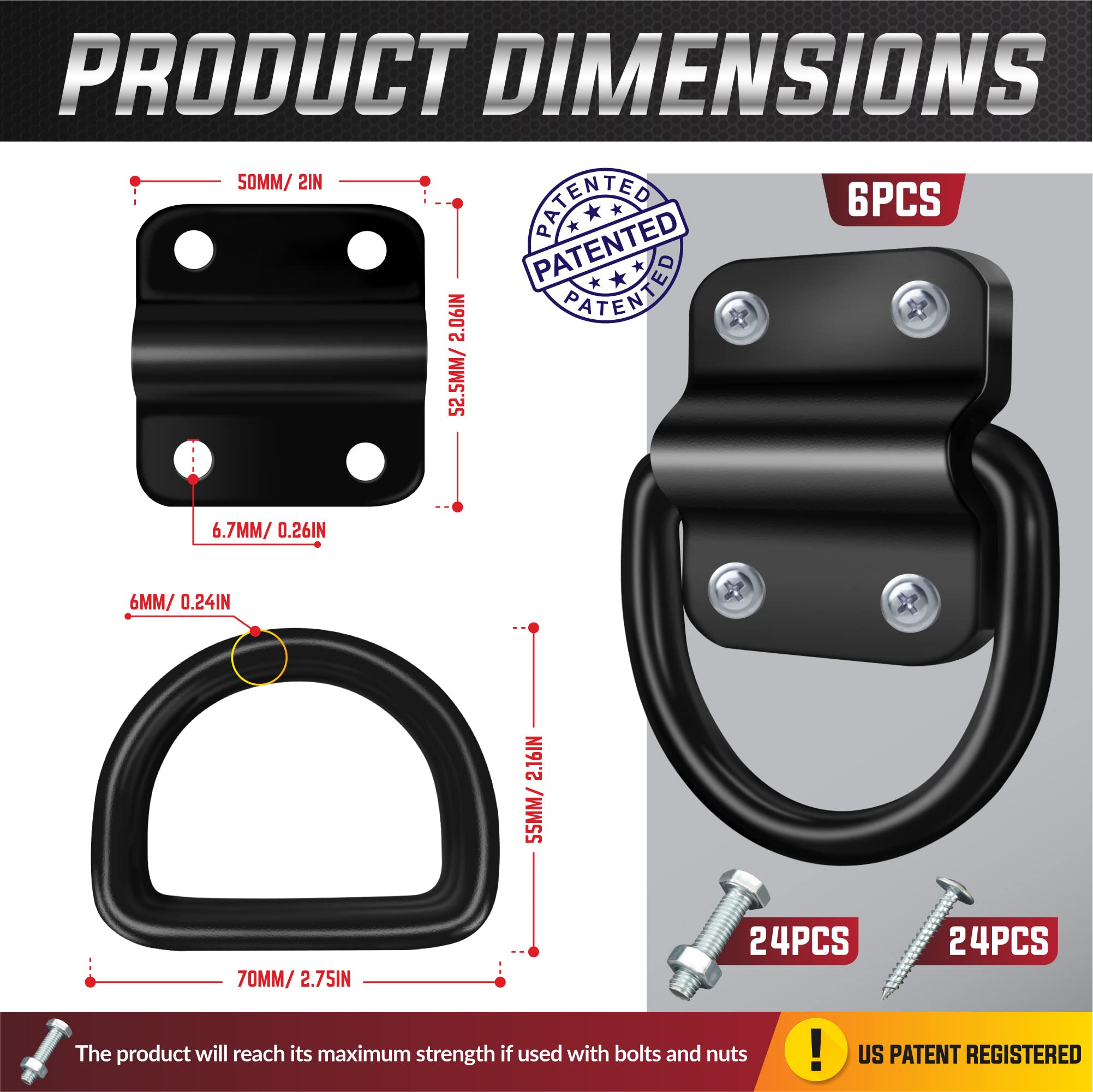 PAMAZY Heavy Duty Steel D Rings Tie Down Anchors, 3500 lb Strength, 6PCS, Surface Mount for Trailer & Truck Bed