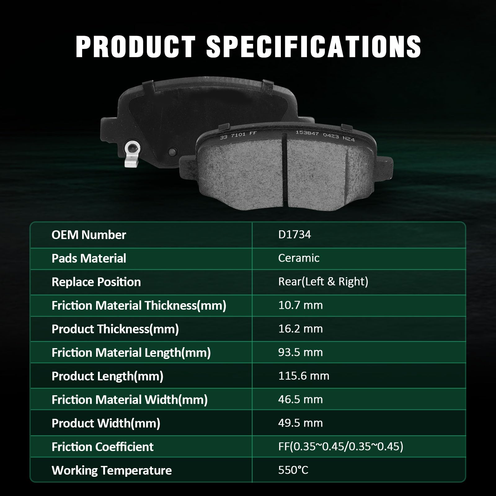 Automuto 4Pcs Rear Ceramic Disc Brake Pads Set D1734 For Chrysler 200 2015-2017,For Jeep For Cherokee 2014-2023