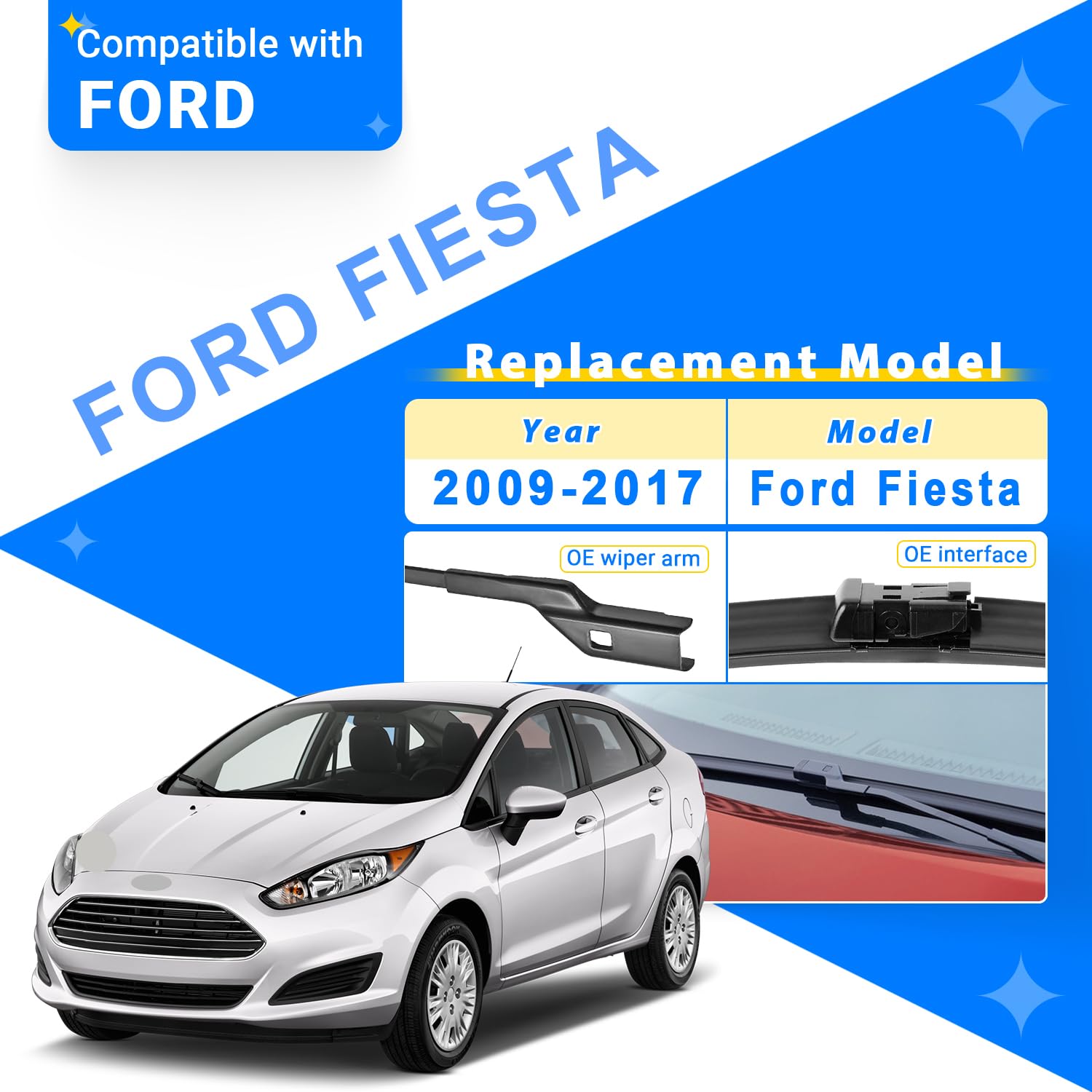 Raintok Windshield Wiper Blades Replacement For 2009-2017 Ford Fiesta Original Factory Quality Front Rear Wipers Blade Set For M