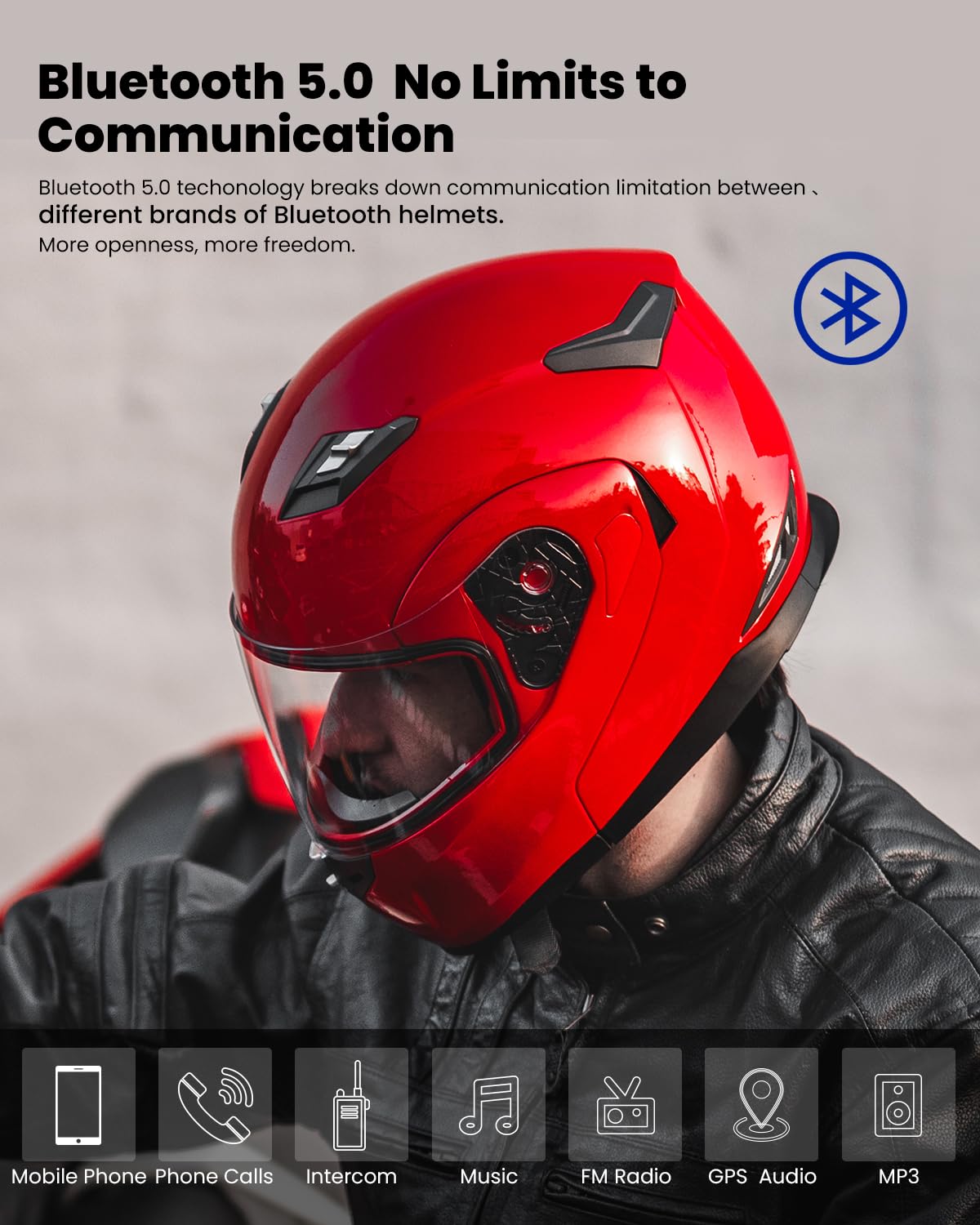 Ilm Bluetooth Integrated Modular Flip Up Full Face Motorcycle Helmet Sun Shield Mp3 Intercom Model 953Pro (Xxl, Red)