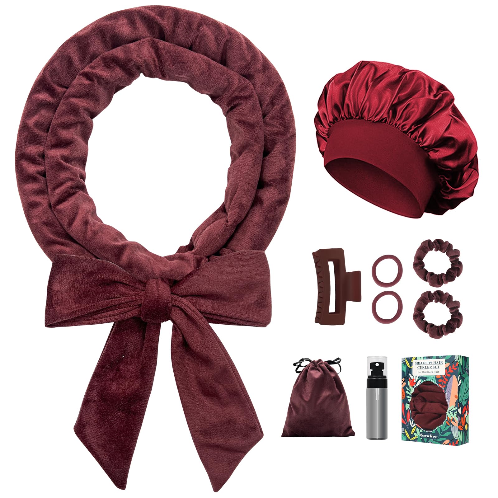 Gwabee No Heat Overnight Hair Curlers - 70  Soft Ribbon Curl Wrap with 9 Curling Rods  Headband for Long Hair Rollers - Burgundy-New